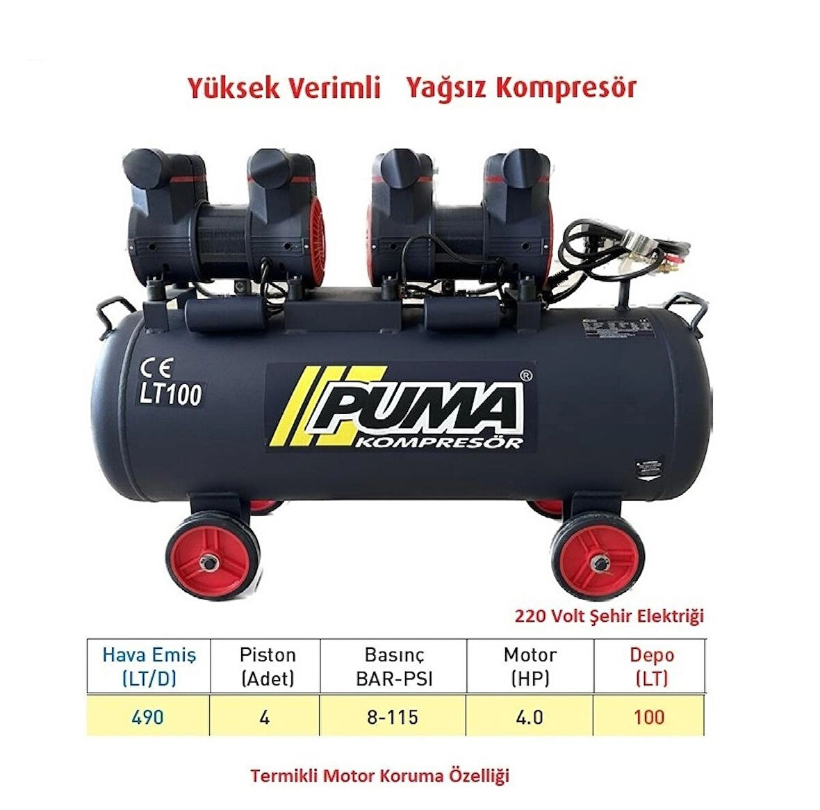 100 LT YÜKSEK VERİMLİ YAĞSIZ KOMPRESÖR (4 HP)