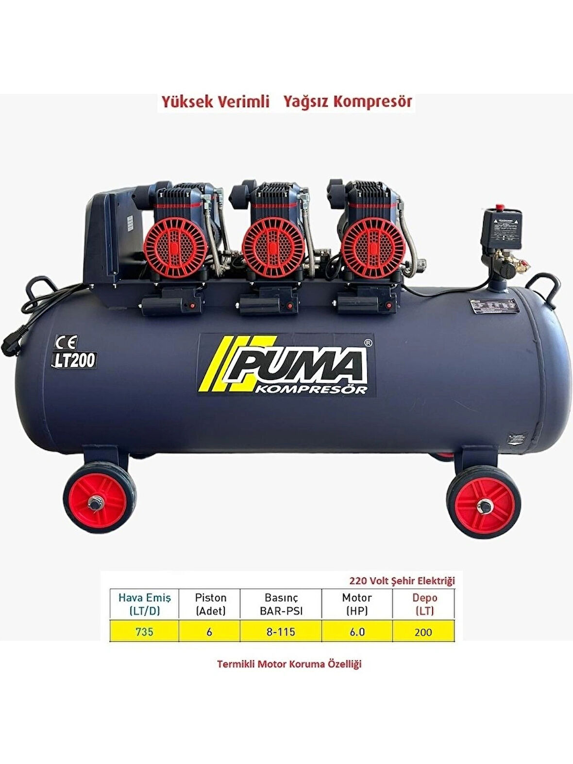 Puma 200 Lt Yüksek Verimli Hızlı Yağsız Hava Kompresörü