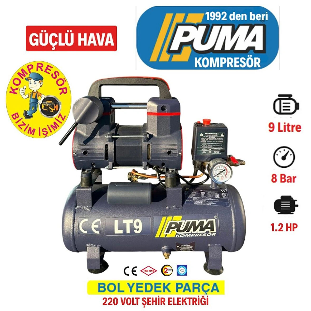 Puma 9 Lt Yüksek Verimli Yağsız Kompresör