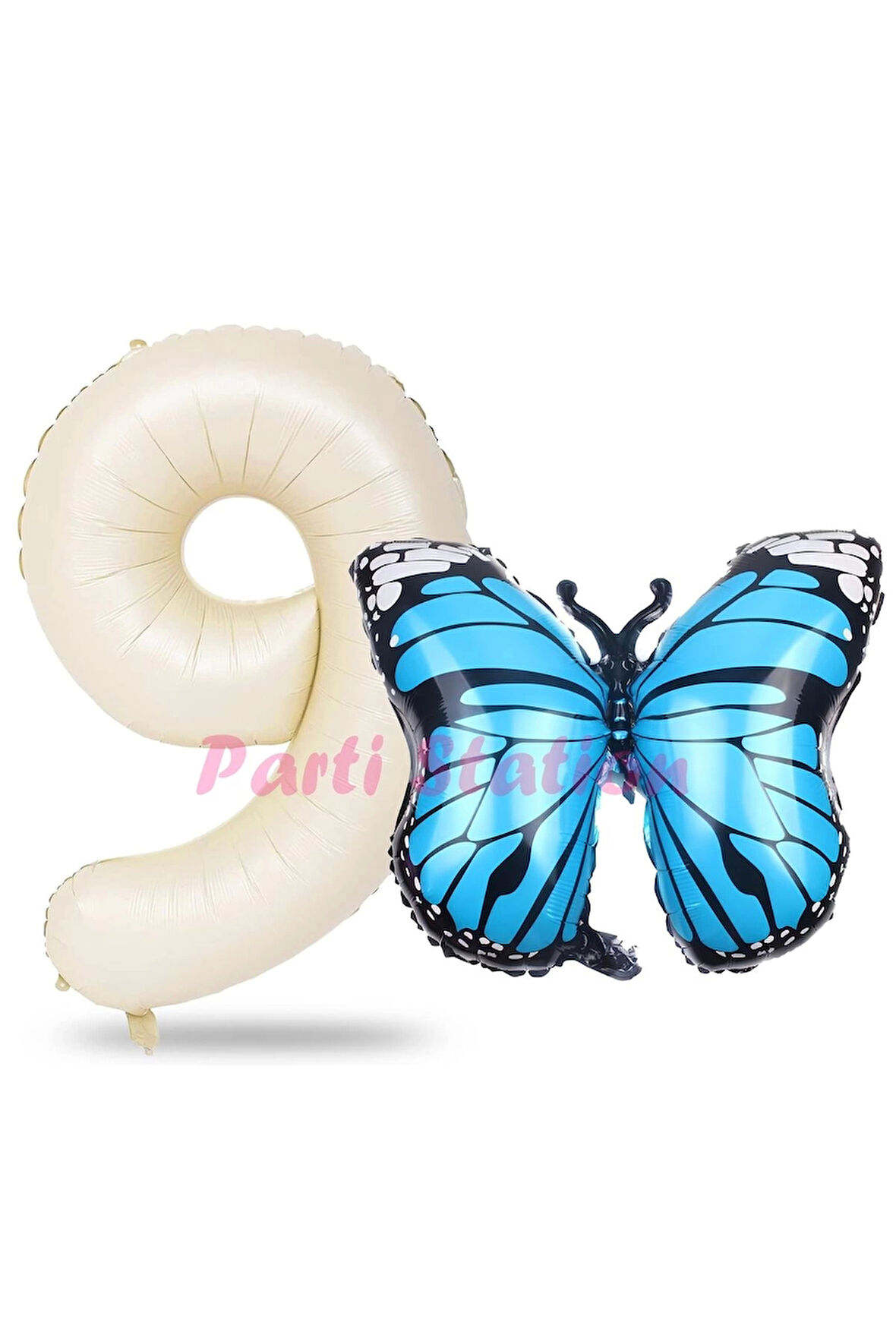 Mavi Kelebek Balon 1 Yaş Balon Set Kelebek Konsept Balon ve Krem Renk Rakam Balon
