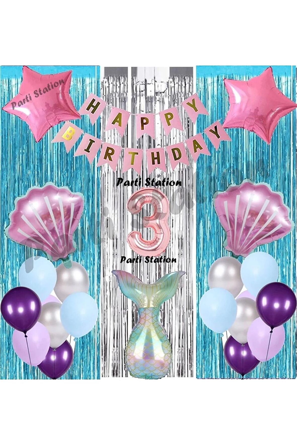Deniz Kızı 3 Yaş Doğum Günü Konsept Balon Set Mermaid Balloon Set Deniz Kızı Günü Seti