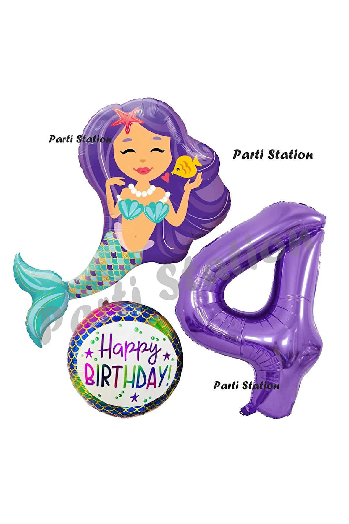 Deniz Kızı Konsept Mermaid Deniz Kızı 8 Yaş Balon Set ve Mor Rakam Balon Doğum Günü Parti Balon Set