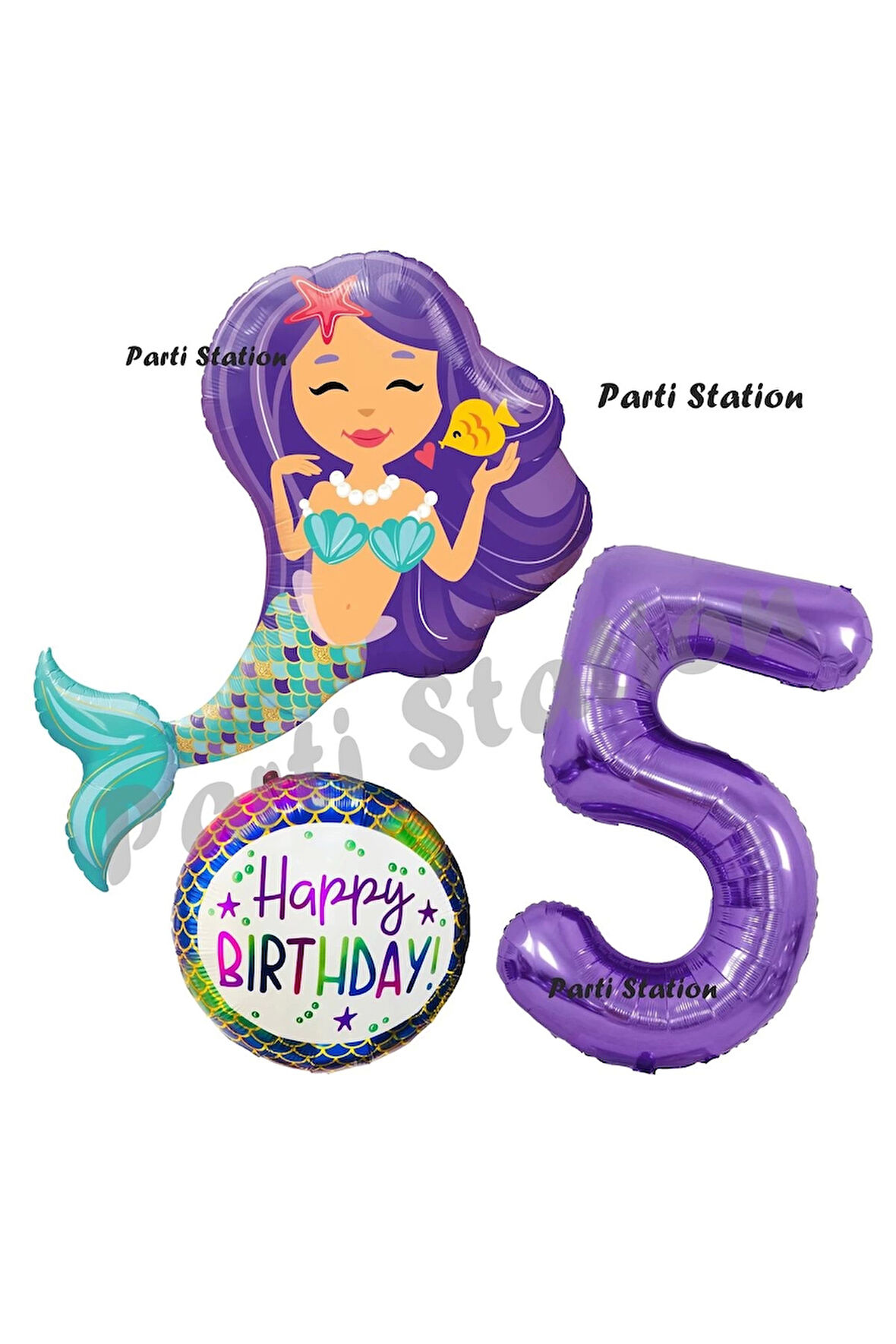 Deniz Kızı Konsept Mermaid Deniz Kızı 8 Yaş Balon Set ve Mor Rakam Balon Doğum Günü Parti Balon Set
