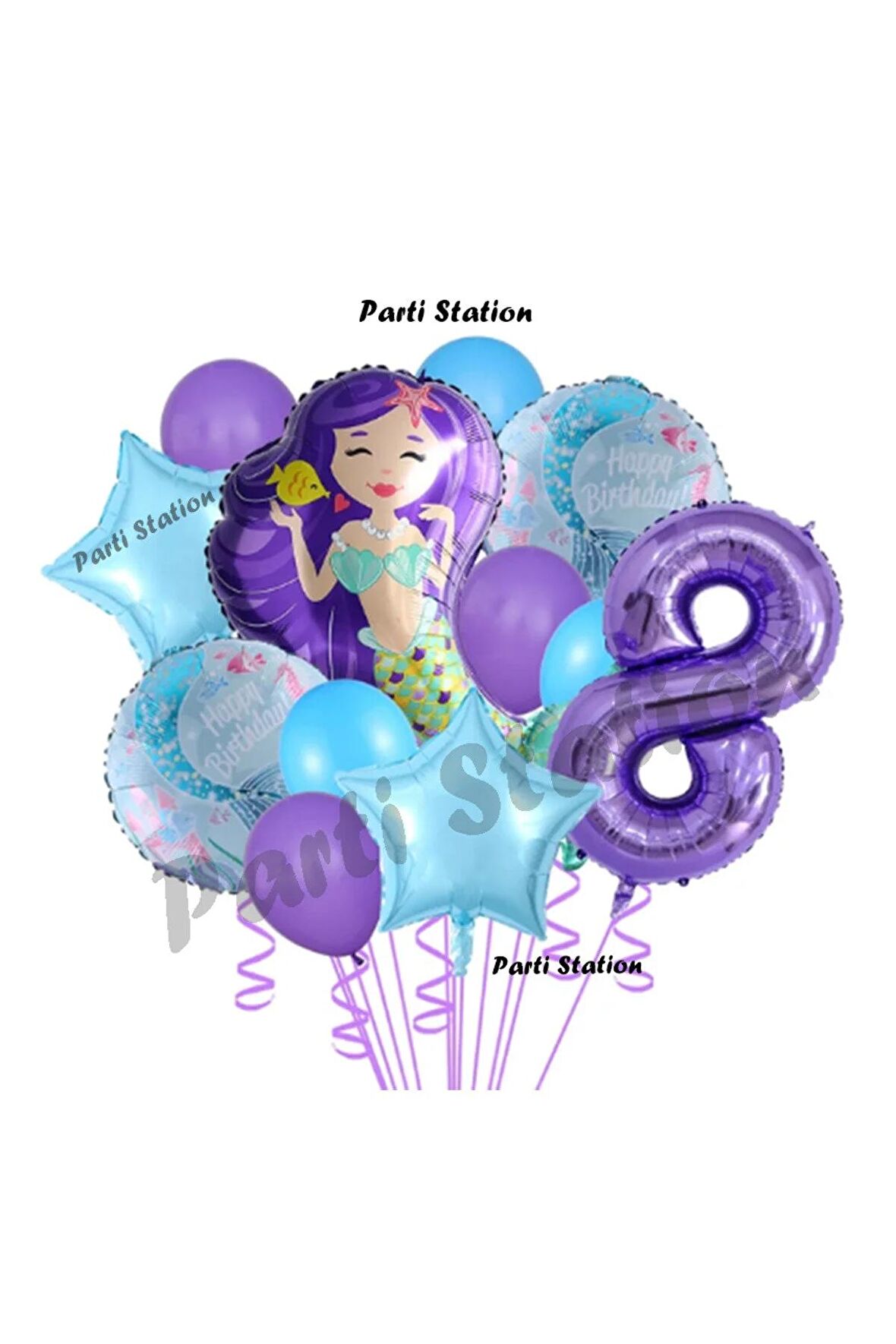 Deniz Kızı 8 Yaş Mor Renk Doğum Günü Konsept Balon Set Mermaid Balloon Set