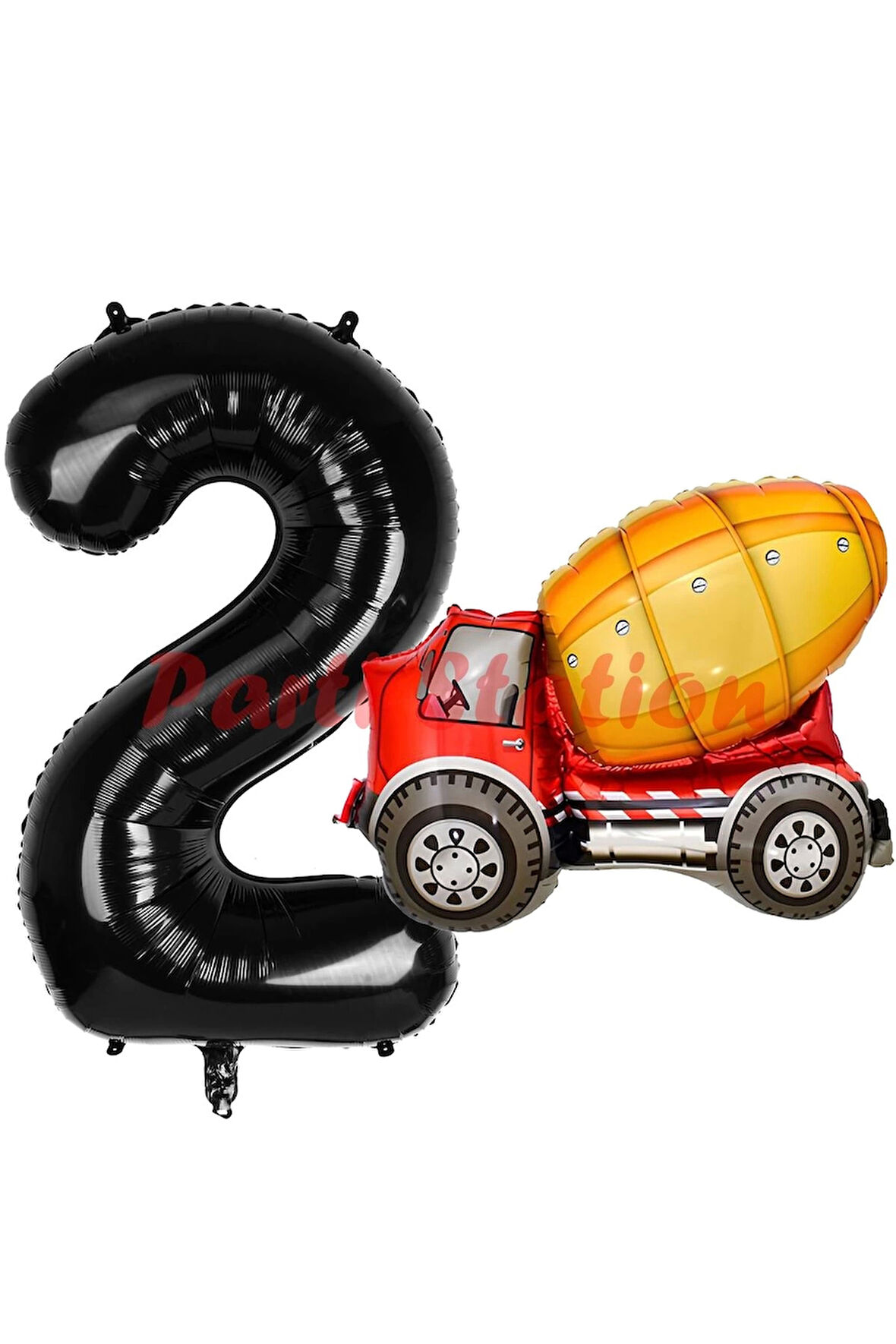 İnşaat Mikser Kamyonu Balon 2 Yaş Doğum Günü Balon Set İş Makineleri Konsept Ve Siyah Rakam Balon