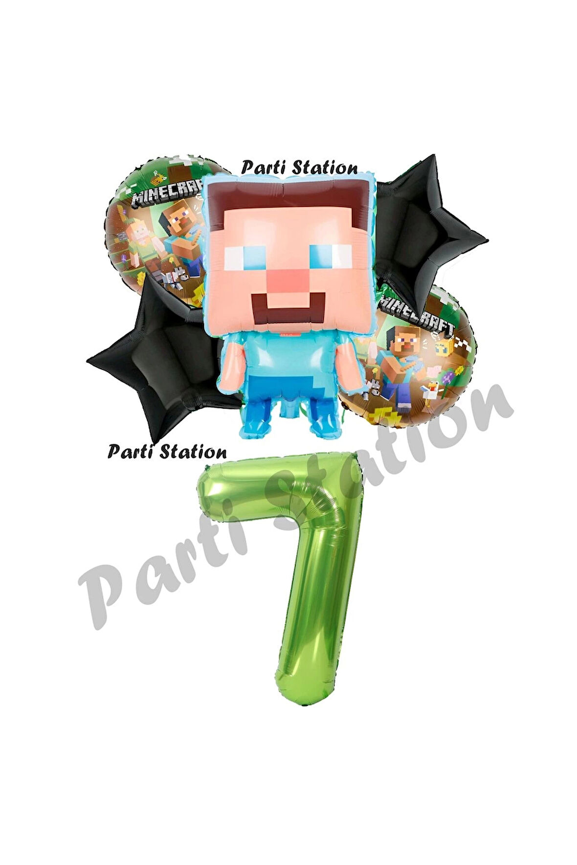 Minecraft Balon 7 Yaş Doğum Günü Set Minecraft Konsept Yıldız Balon ve Yeşil Rakam Balon
