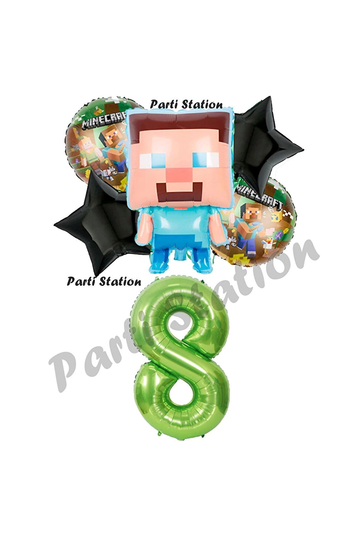 Minecraft Balon 7 Yaş Doğum Günü Set Minecraft Konsept Yıldız Balon ve Yeşil Rakam Balon