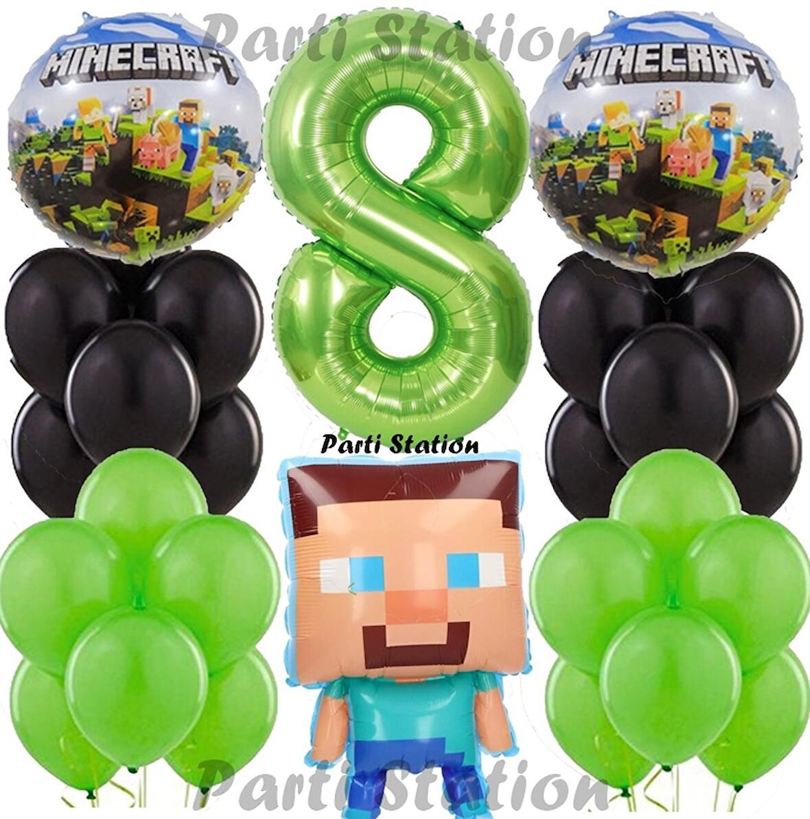 Yeşil Rakam Balonlu Minecraft Konsept Doğum Günü 8 Yaş Balon Set Minecraft Yeşil Siyah Balon Set