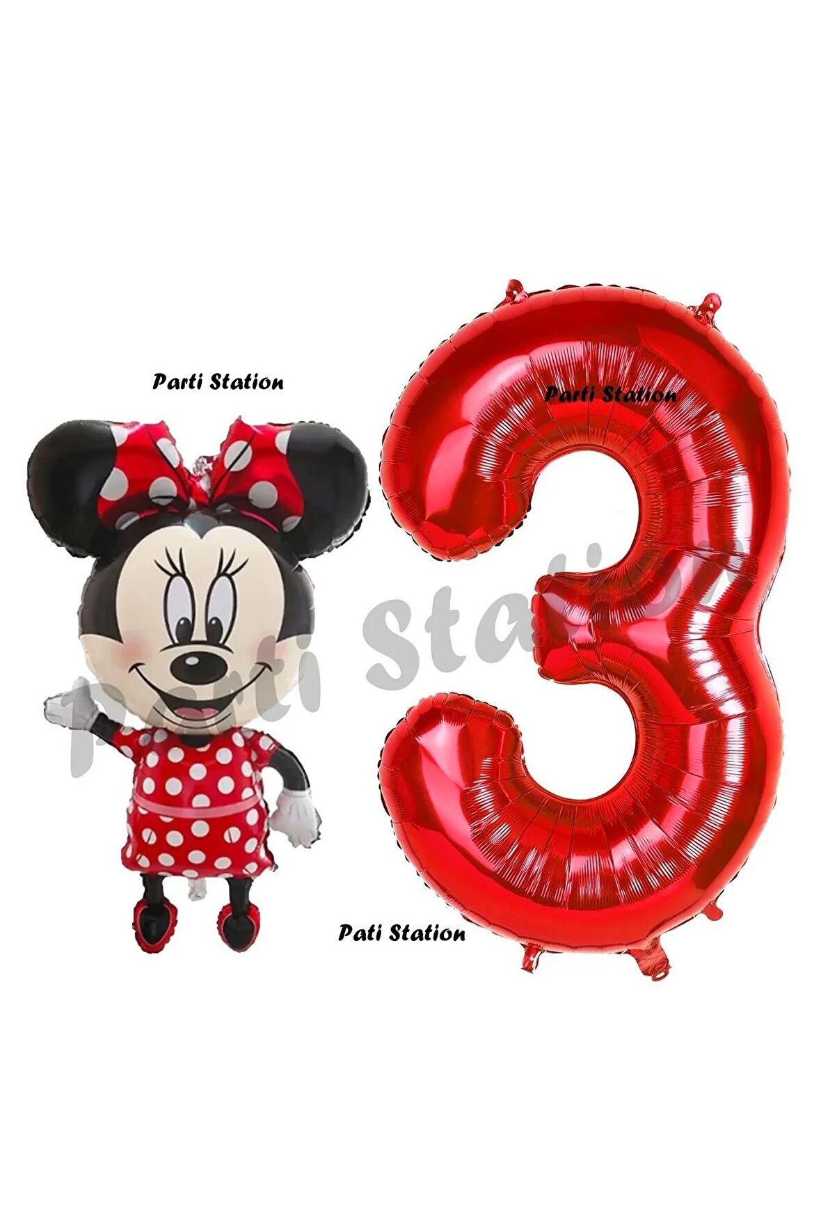 Minnie Mouse 3 Yaş Doğum Günü Set Minnie Mouse Konsept Balon ve Kırmızı Rakam Balon Set