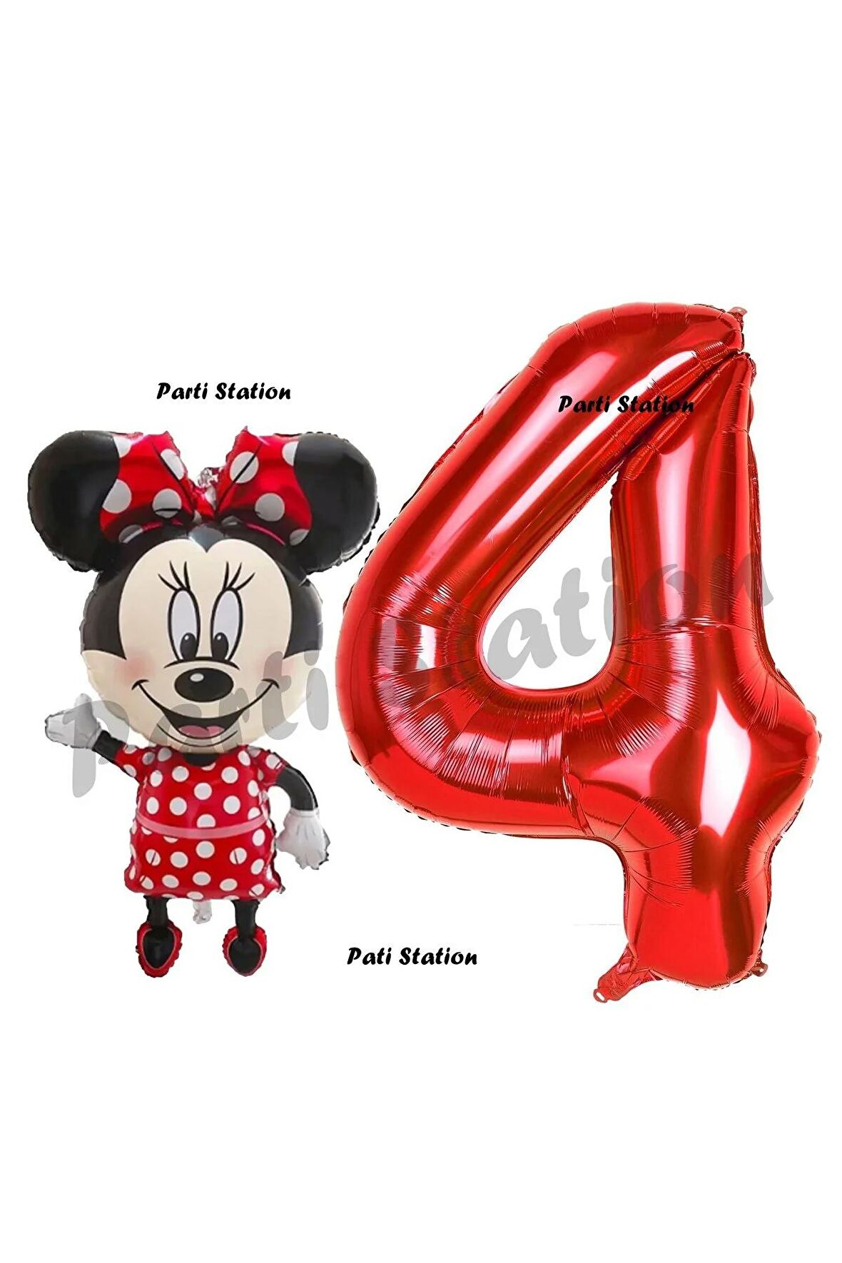 Minnie Mouse 4 Yaş Doğum Günü Set Minnie Mouse Konsept Balon ve Kırmızı Rakam Balon Set