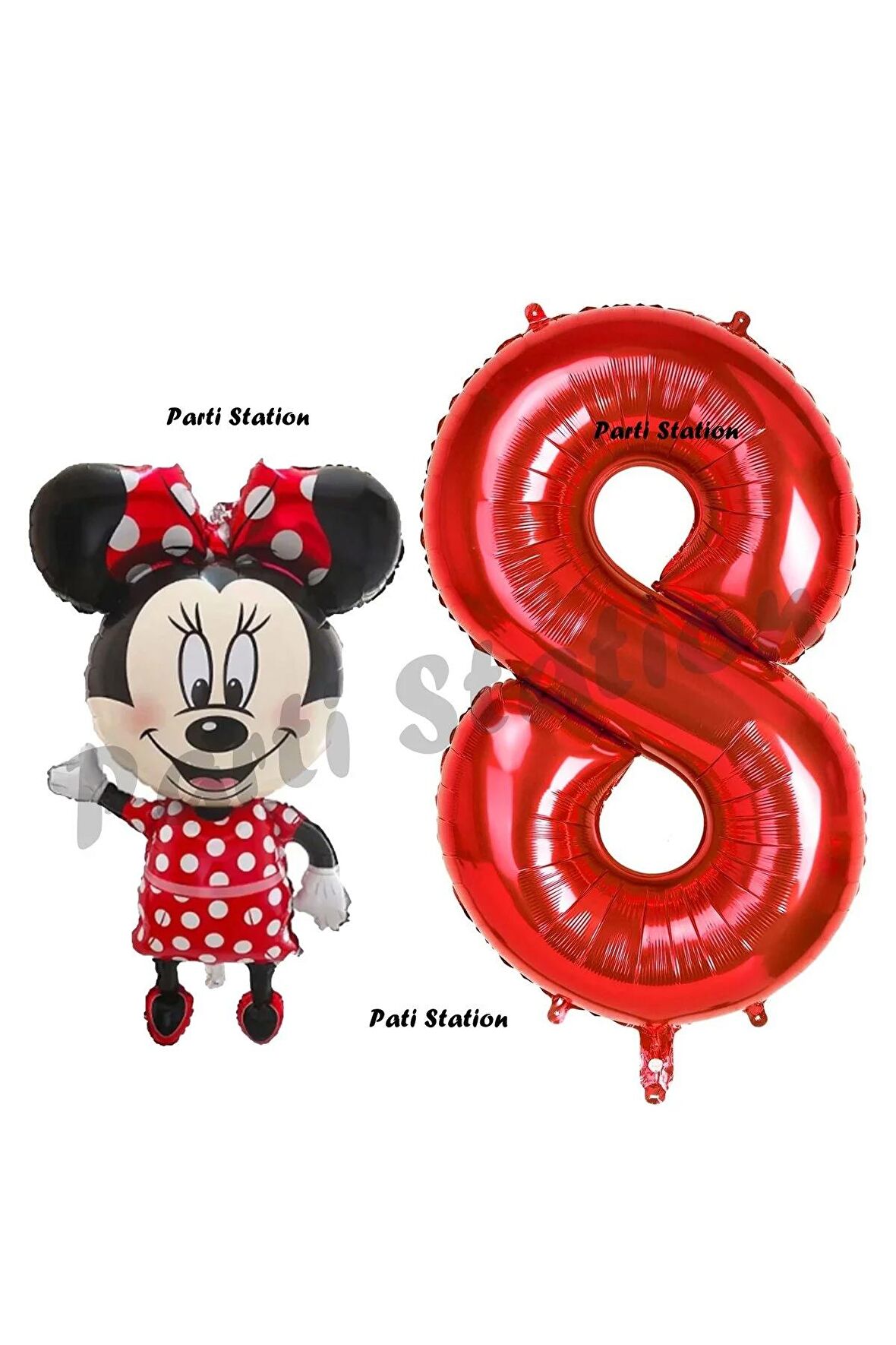 Minnie Mouse 8 Yaş Doğum Günü Set Minnie Mouse Konsept Balon ve Kırmızı Rakam Balon Set