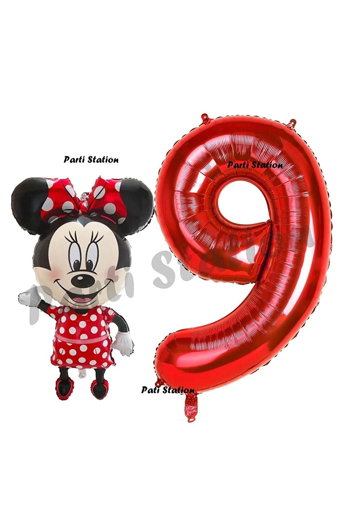 Minnie Mouse 9 Yaş Doğum Günü Set Minnie Mouse Konsept Balon ve Kırmızı Rakam Balon Set