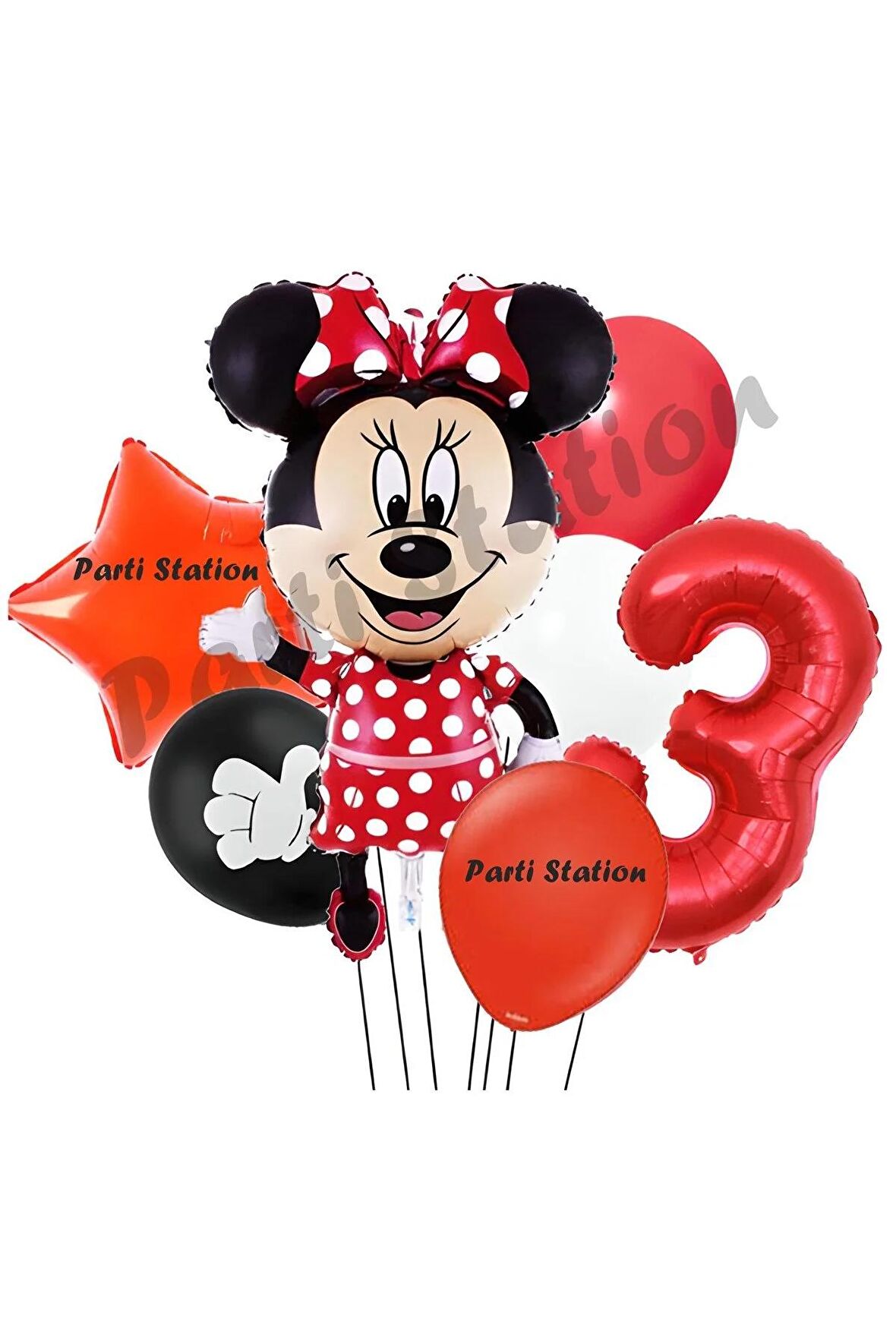 Minnie Mouse 3 Yaş Doğum Günü Set Minnie Mouse Konsept Balon ve Kırmızı Rakam Balon