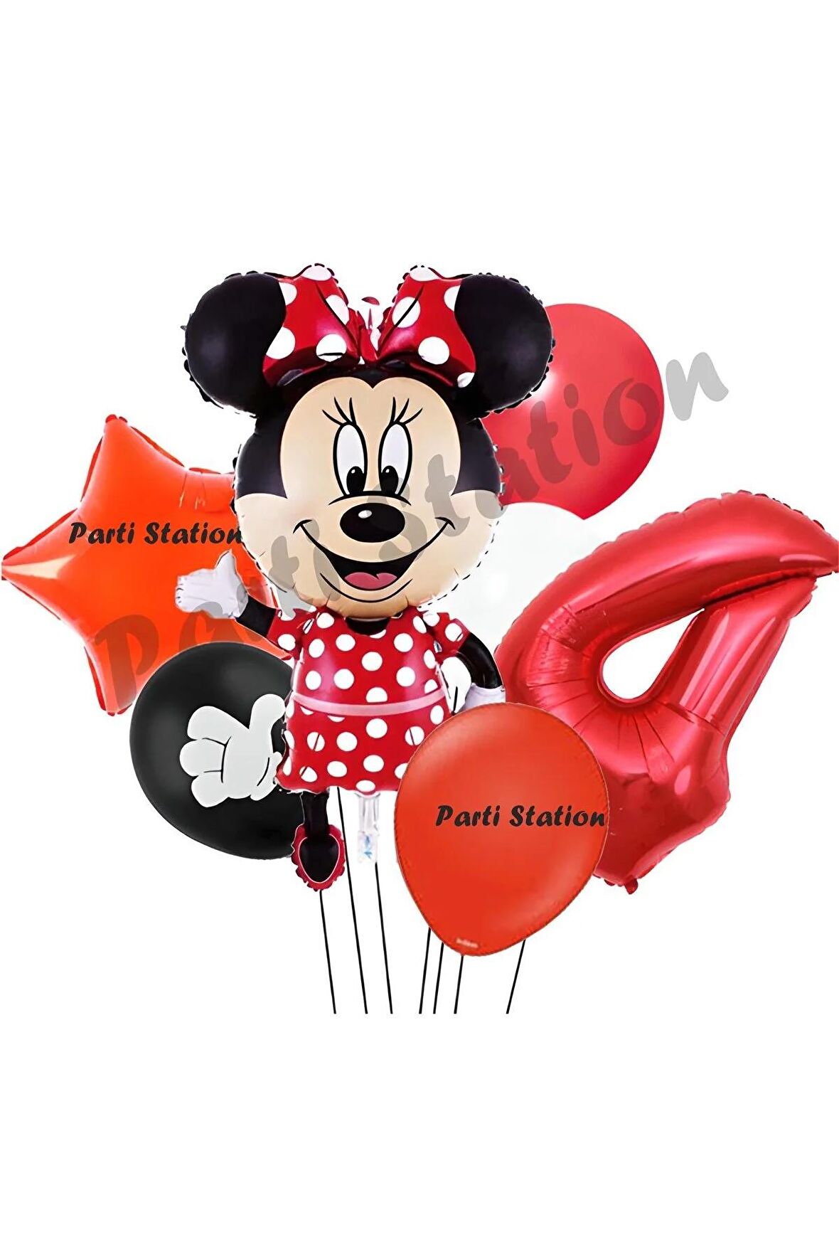 Minnie Mouse 4 Yaş Doğum Günü Set Minnie Mouse Konsept Balon ve Kırmızı Rakam Balon