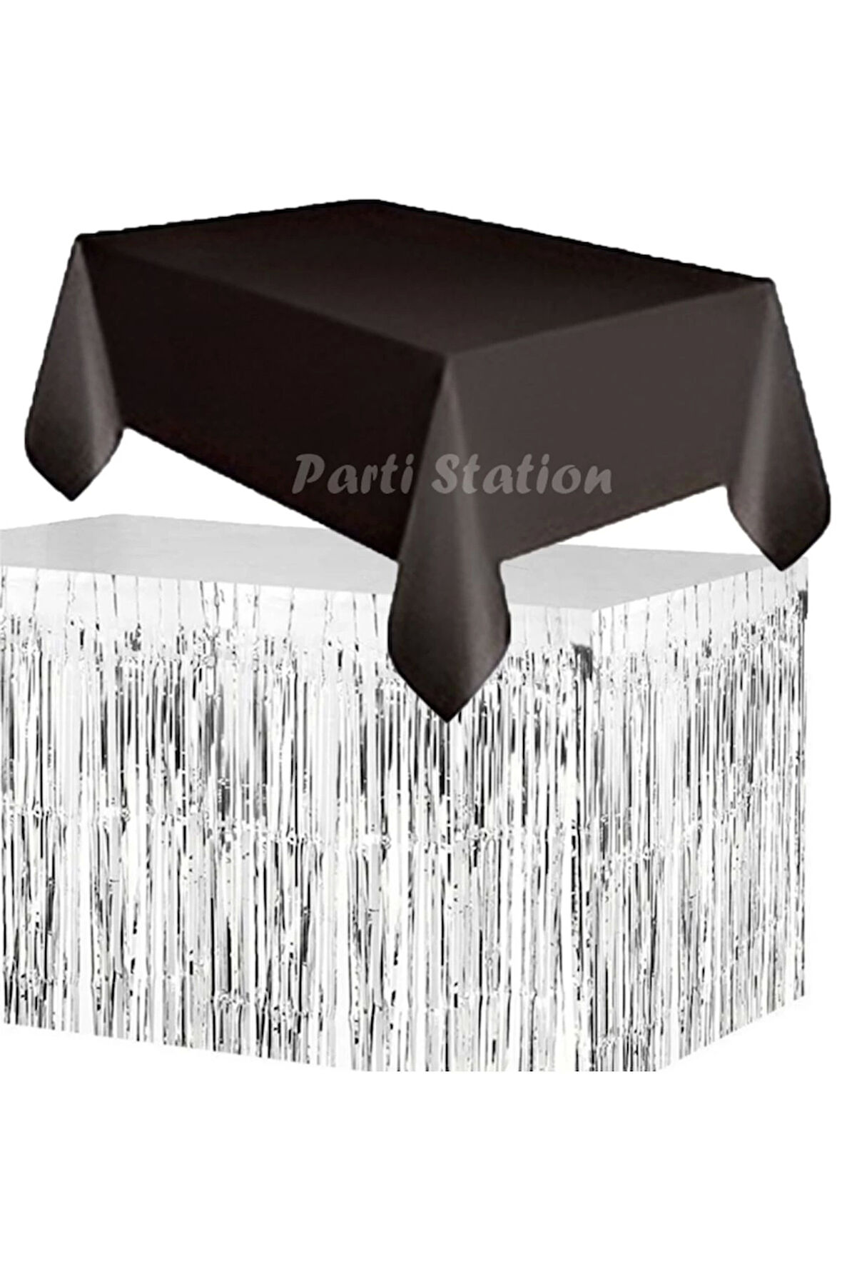 Masa Örtüsü ve Masa Eteği Set Plastik Siyah Renk Masa Örtüsü Gümüş Renk Metalize Masa Eteği Set