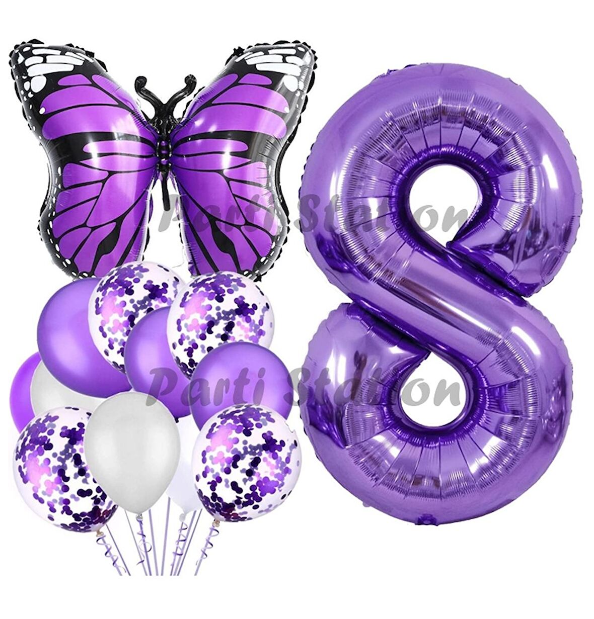 Mor Kelebek Konsept 8 Yaş Balon Set Butterfly Kelebek Mor Rakam Balon Parti Doğum Günü Balon Set