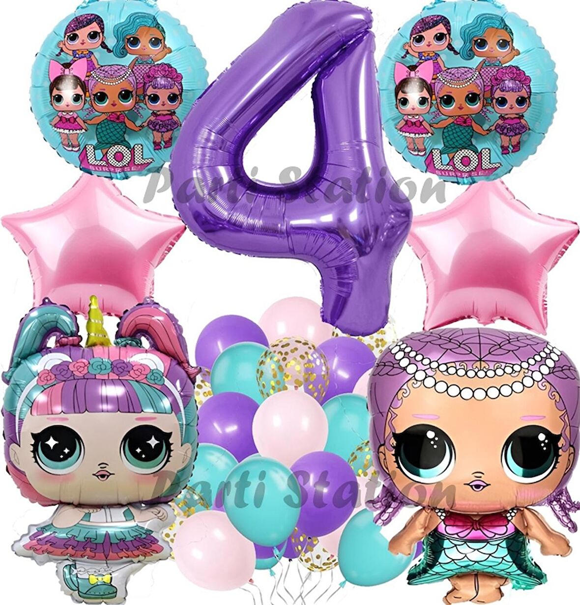 LOL Konsept 4 Yaş Balon Set Unicorn LOL Mor Rakam Balon Parti Doğum Günü Balon Set