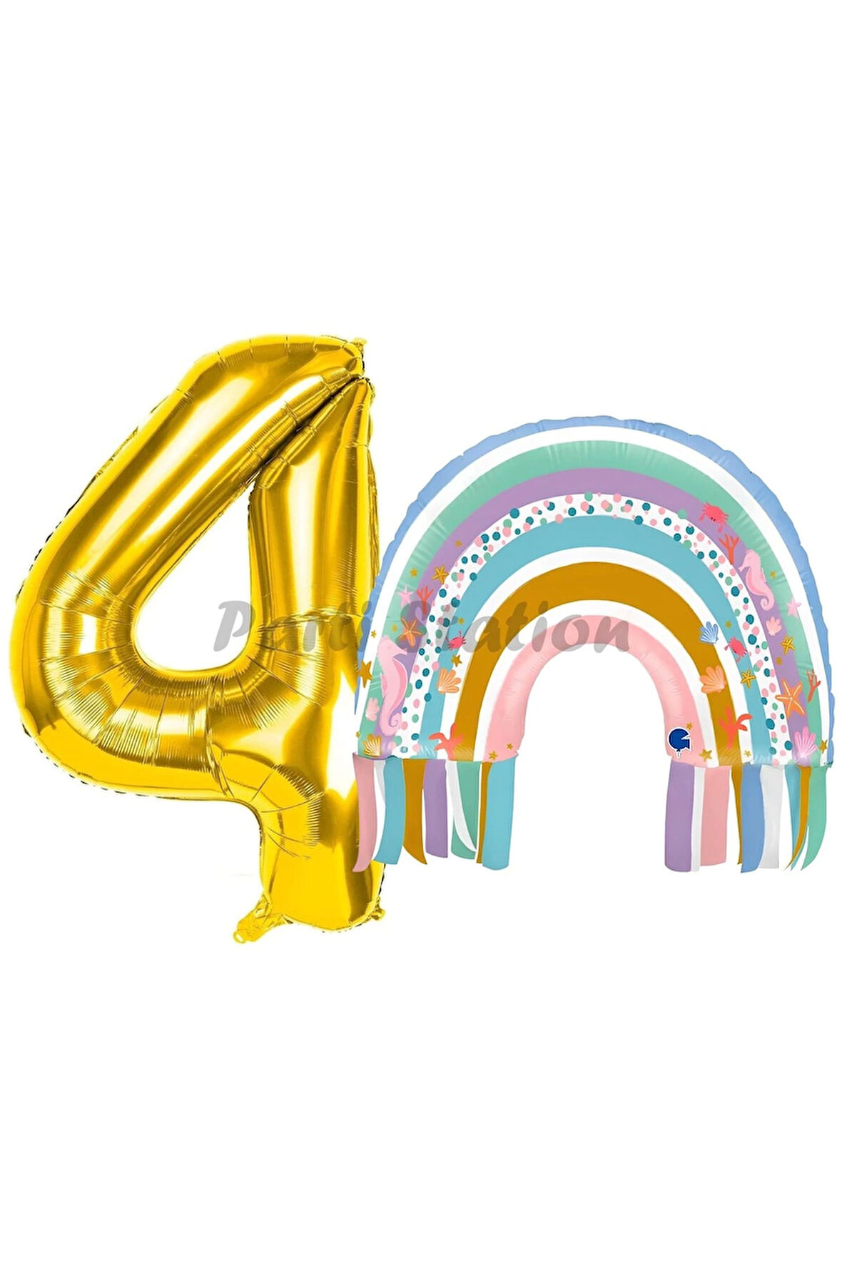 Gökkuşağı 3 Yaş Balon Set Mermaid Rainbow Konsept Balon ve Gold Rakam Balon