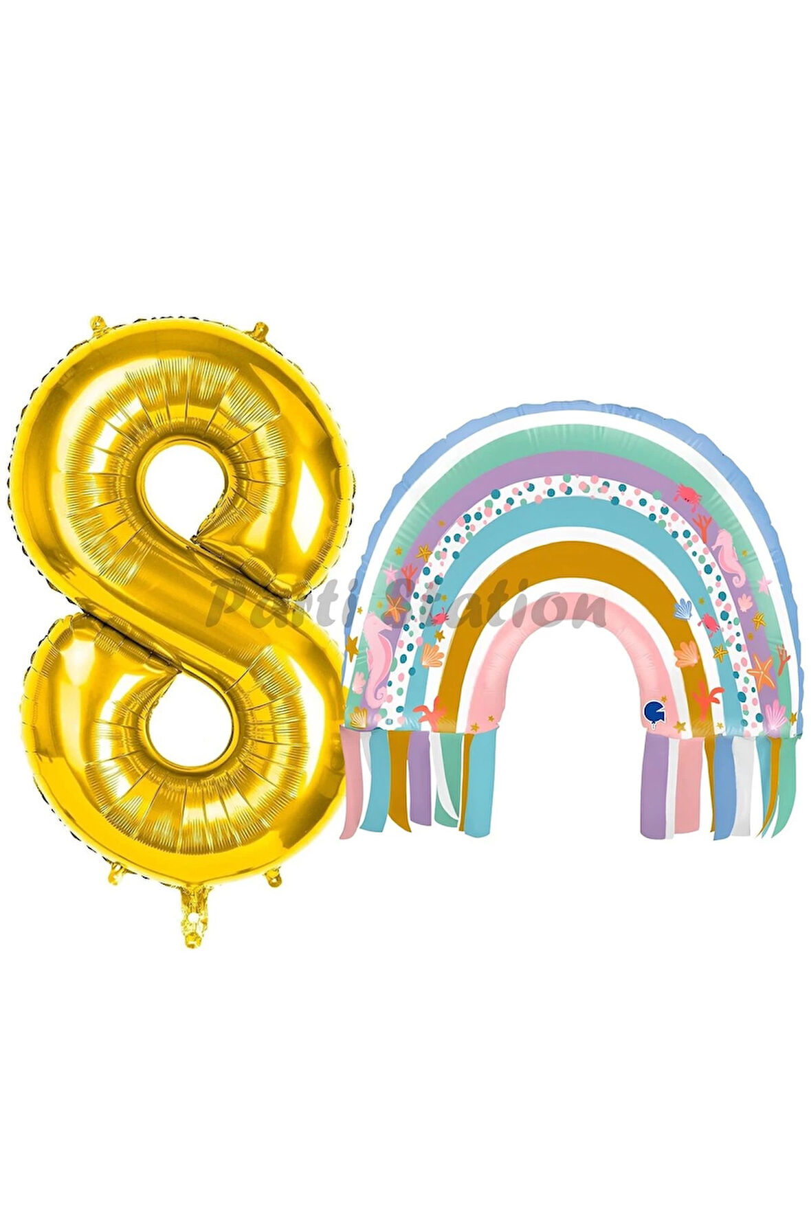 Gökkuşağı 3 Yaş Balon Set Mermaid Rainbow Konsept Balon ve Gold Rakam Balon