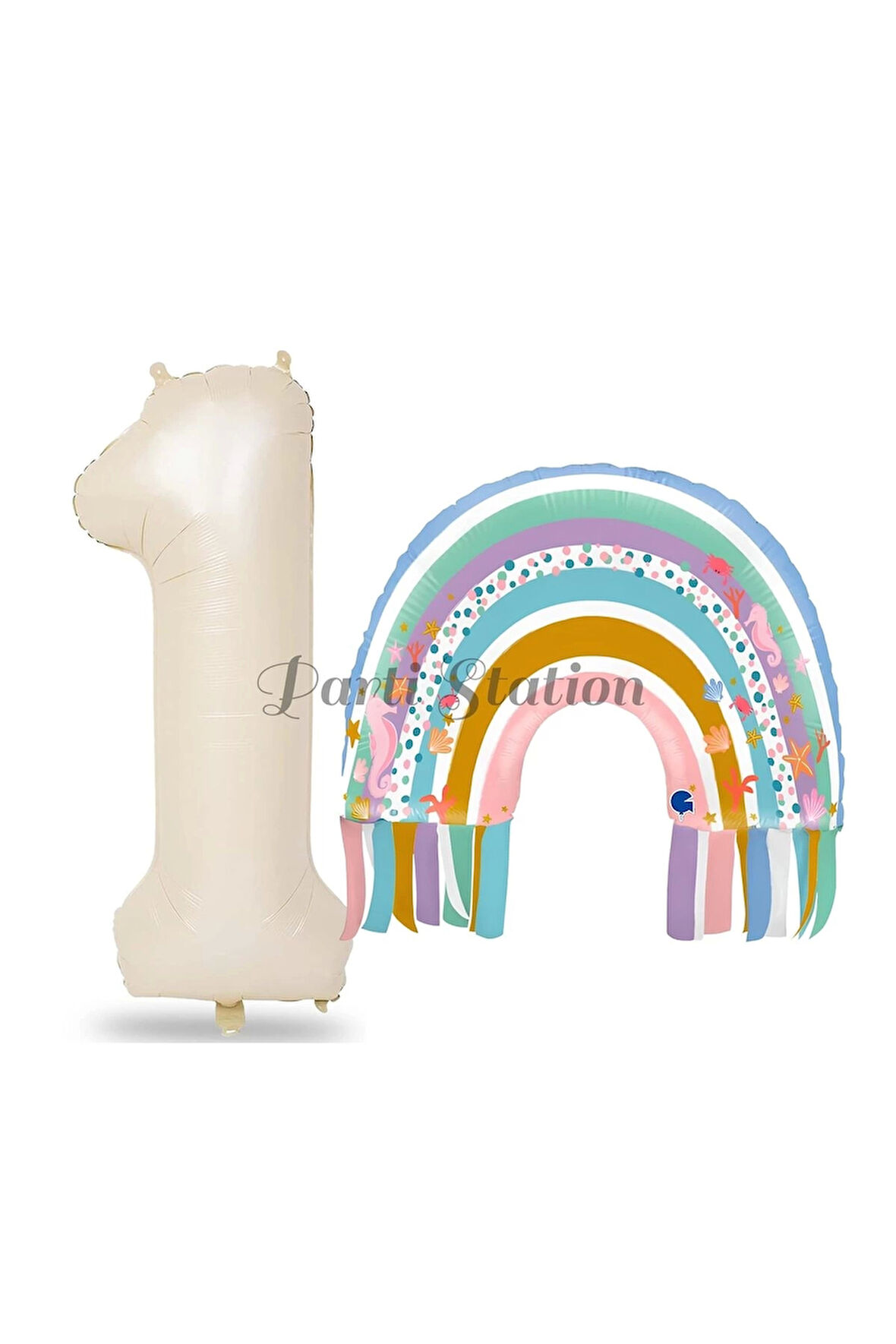 Gökkuşağı 7 Yaş Balon Set Mermaid Rainbow Konsept Balon ve Krem Rakam Balon