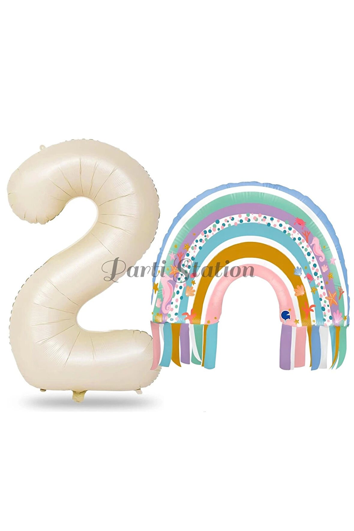 Gökkuşağı 7 Yaş Balon Set Mermaid Rainbow Konsept Balon ve Krem Rakam Balon