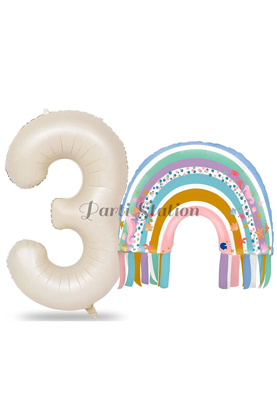 Gökkuşağı 7 Yaş Balon Set Mermaid Rainbow Konsept Balon ve Krem Rakam Balon