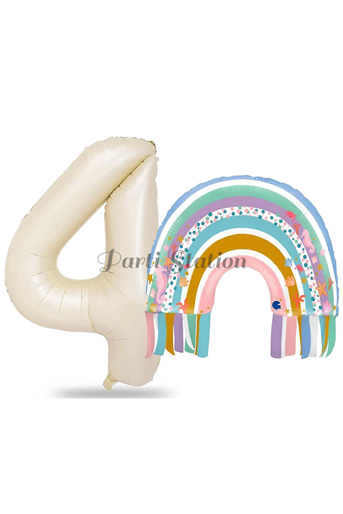 Gökkuşağı 7 Yaş Balon Set Mermaid Rainbow Konsept Balon ve Krem Rakam Balon