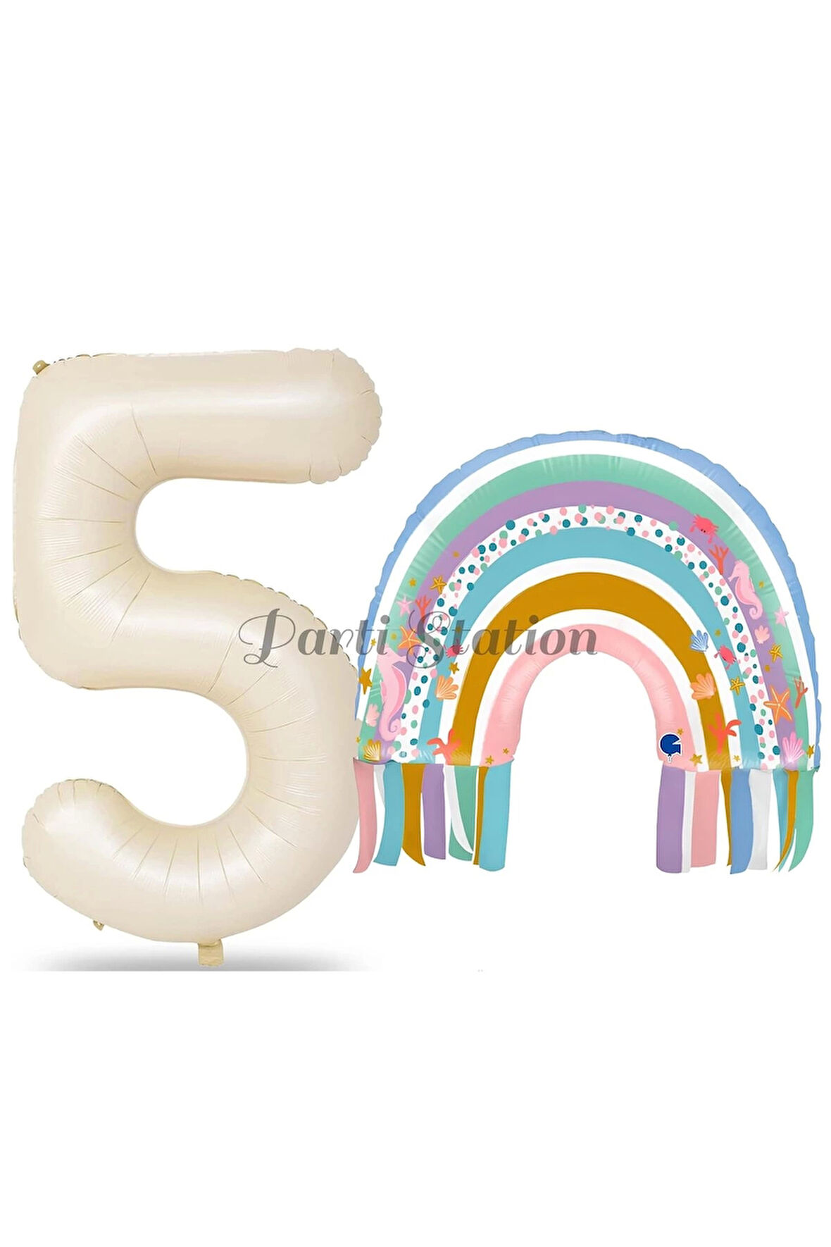Gökkuşağı 7 Yaş Balon Set Mermaid Rainbow Konsept Balon ve Krem Rakam Balon