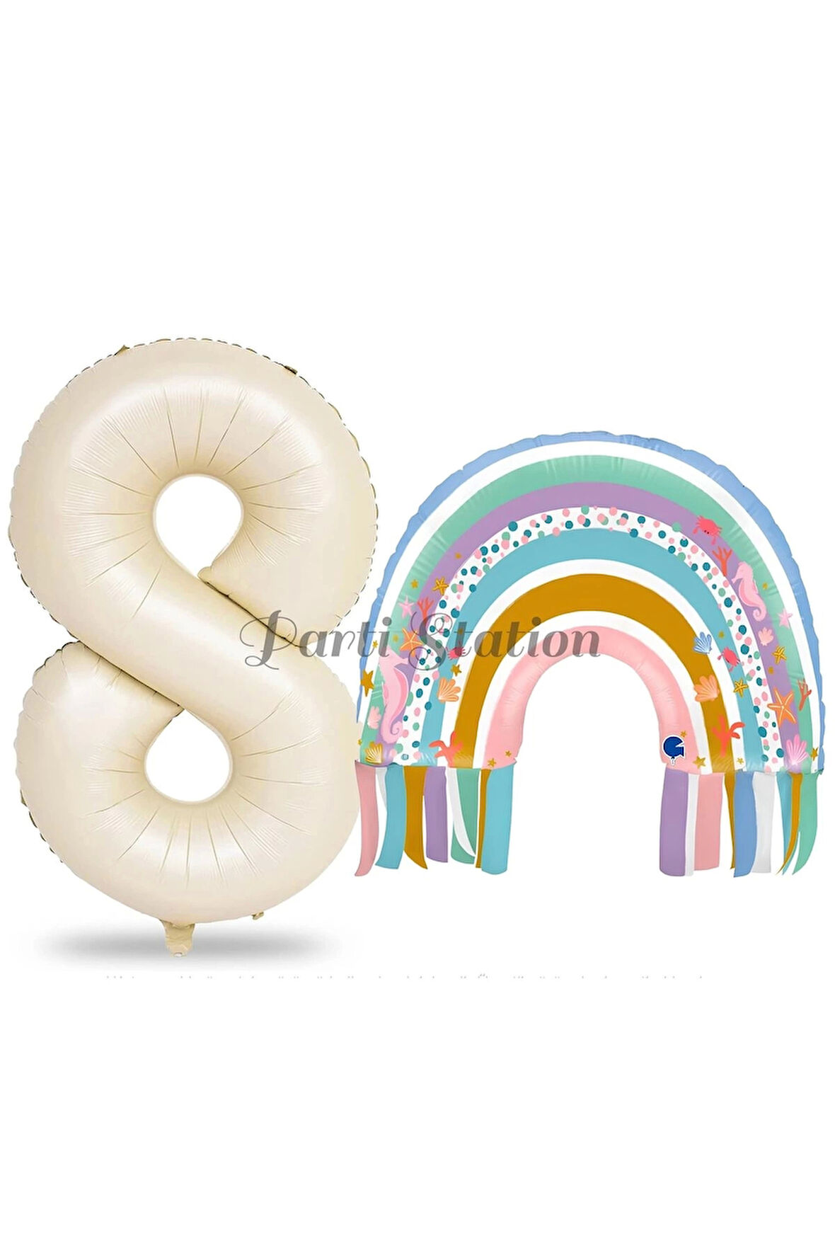 Gökkuşağı 7 Yaş Balon Set Mermaid Rainbow Konsept Balon ve Krem Rakam Balon