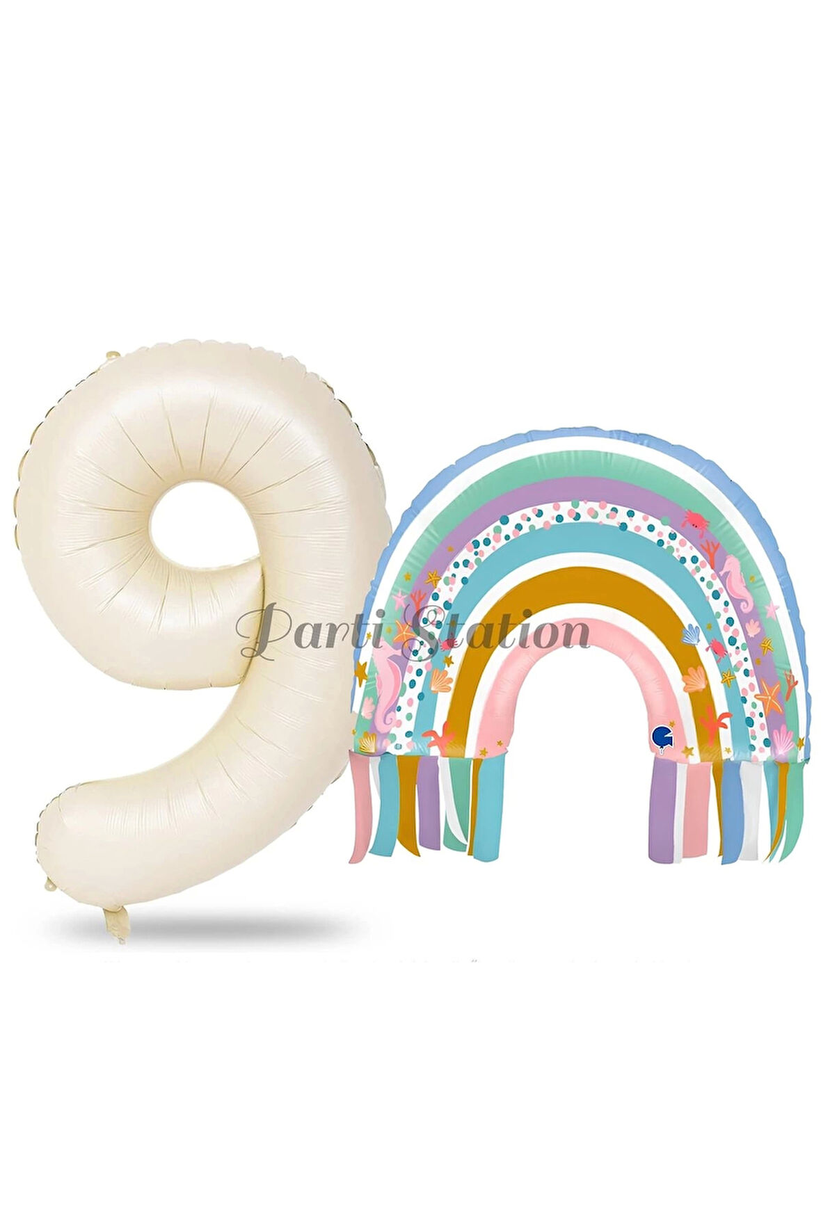 Gökkuşağı 7 Yaş Balon Set Mermaid Rainbow Konsept Balon ve Krem Rakam Balon