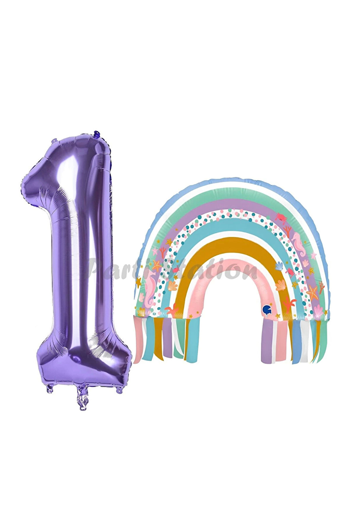 Gökkuşağı 1 Yaş Balon Set Mermaid Rainbow Konsept Balon ve Mor Rakam Balon