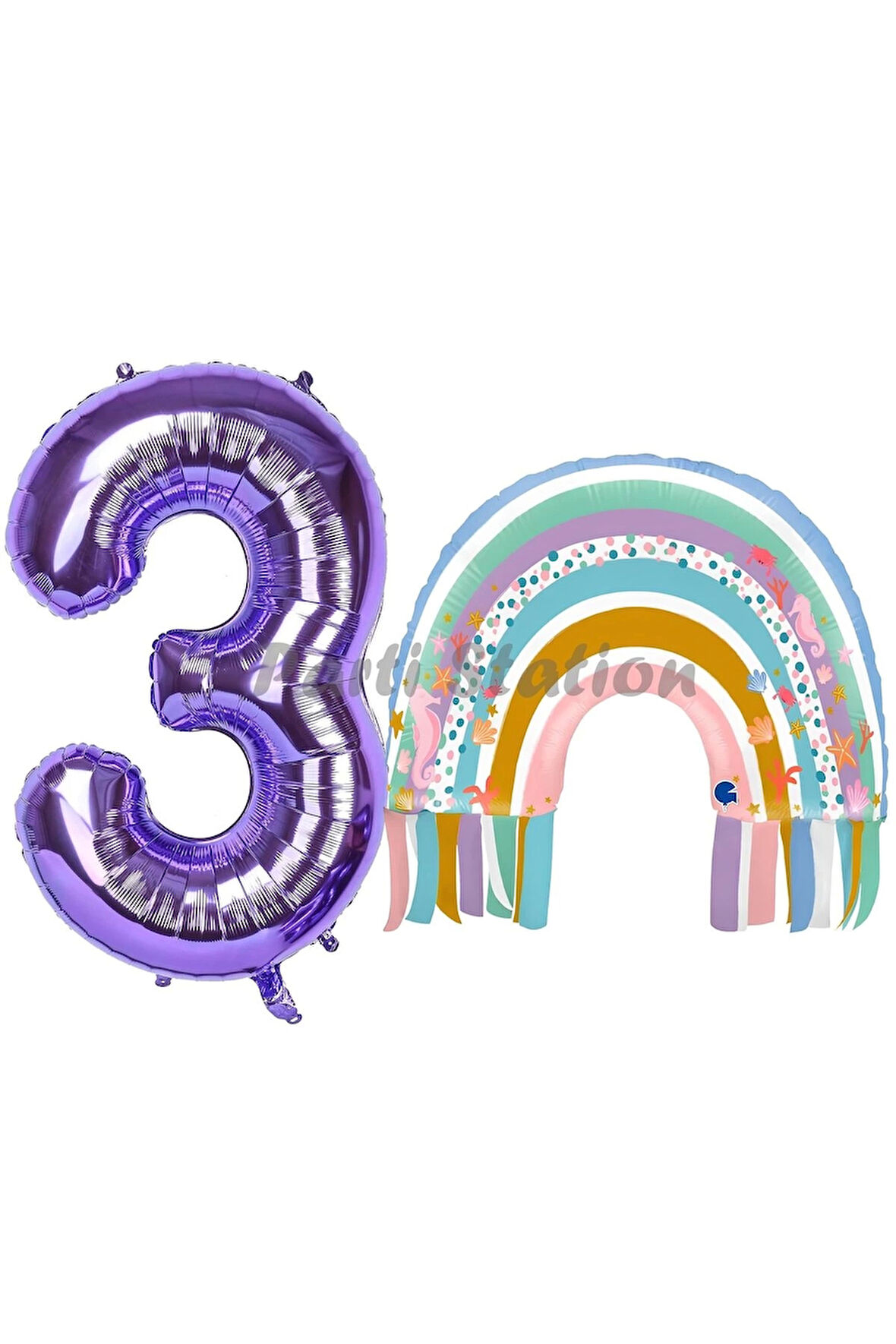Gökkuşağı 1 Yaş Balon Set Mermaid Rainbow Konsept Balon ve Mor Rakam Balon