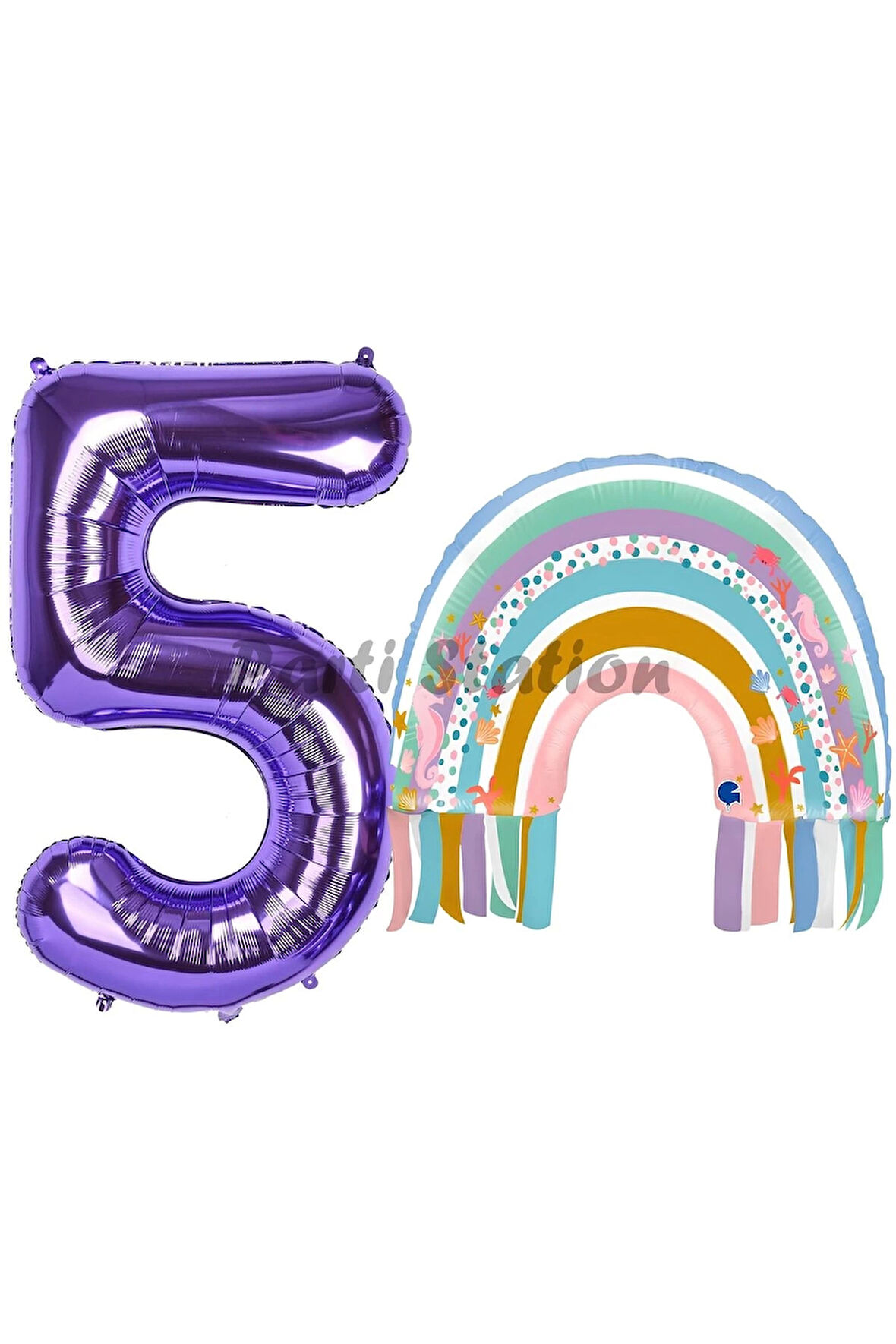 Gökkuşağı 1 Yaş Balon Set Mermaid Rainbow Konsept Balon ve Mor Rakam Balon