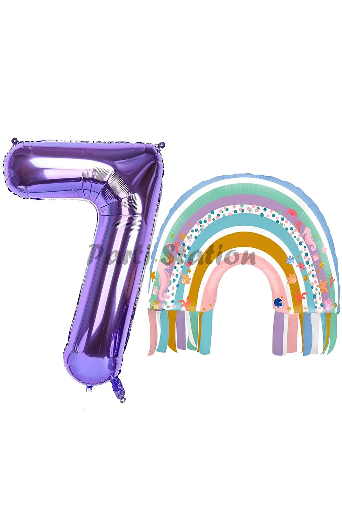 Gökkuşağı 1 Yaş Balon Set Mermaid Rainbow Konsept Balon ve Mor Rakam Balon