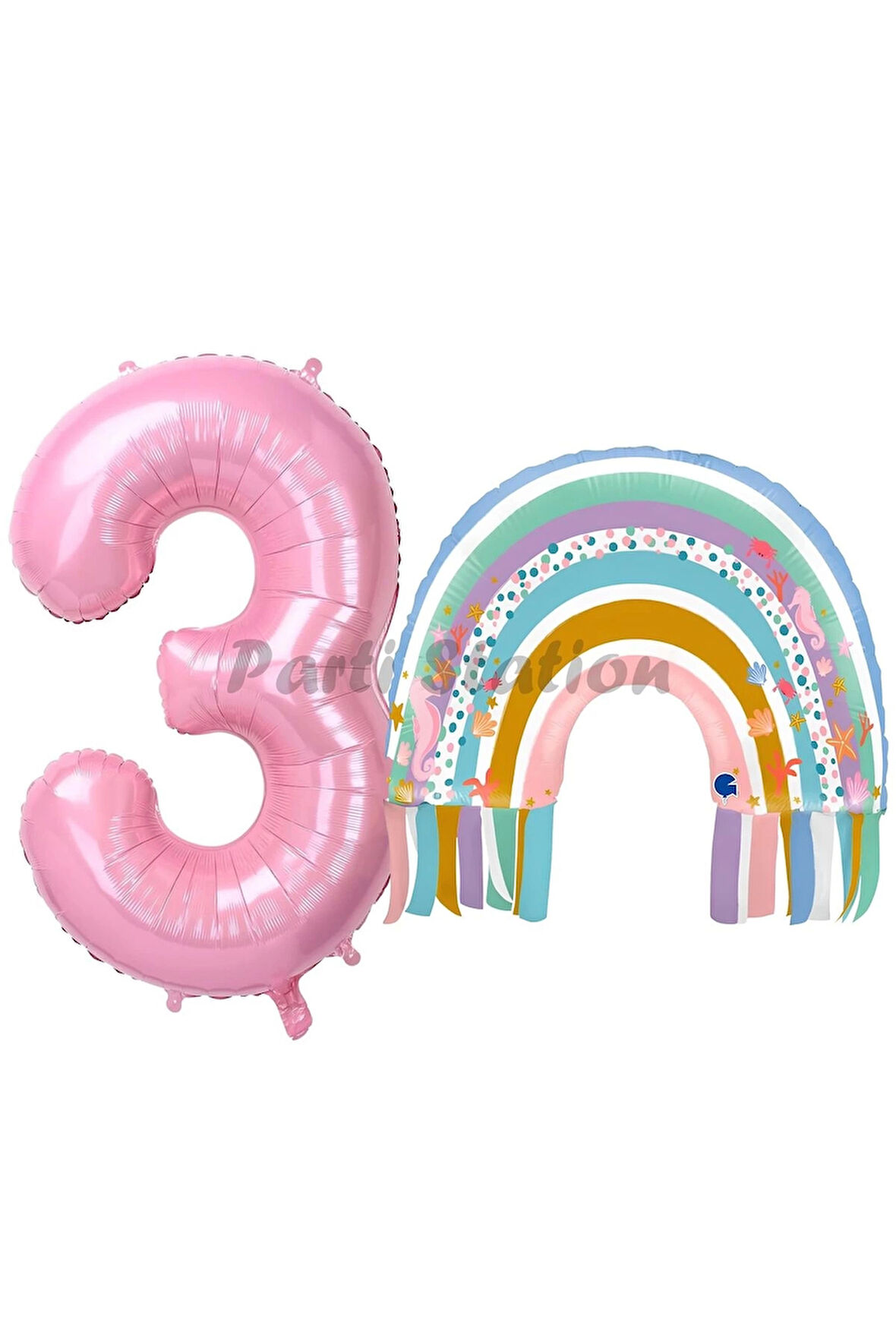 Gökkuşağı 4 Yaş Balon Set Mermaid Rainbow Konsept Balon ve Pembe Rakam Balon