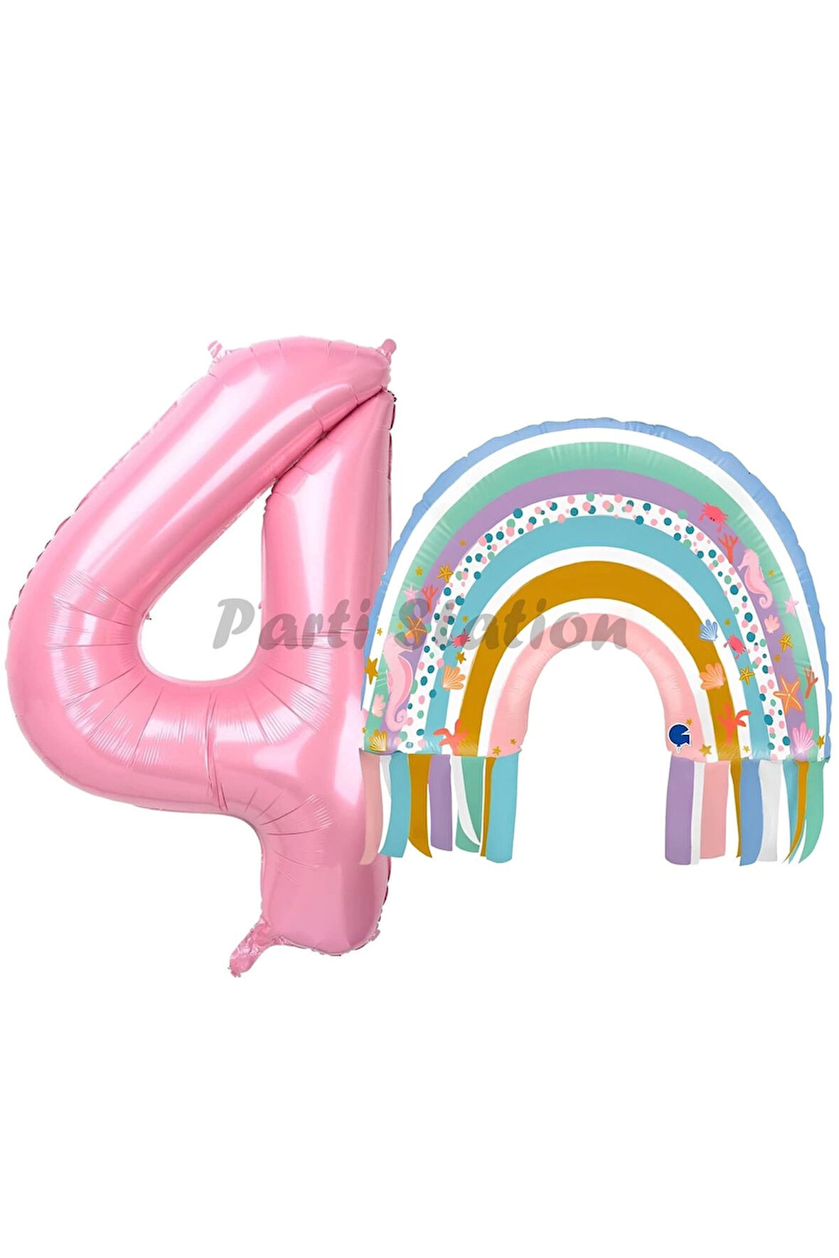 Gökkuşağı 4 Yaş Balon Set Mermaid Rainbow Konsept Balon ve Pembe Rakam Balon