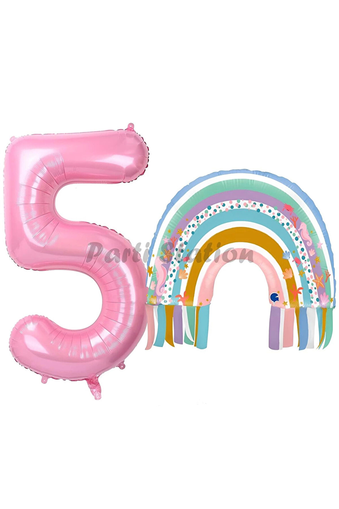 Gökkuşağı 4 Yaş Balon Set Mermaid Rainbow Konsept Balon ve Pembe Rakam Balon