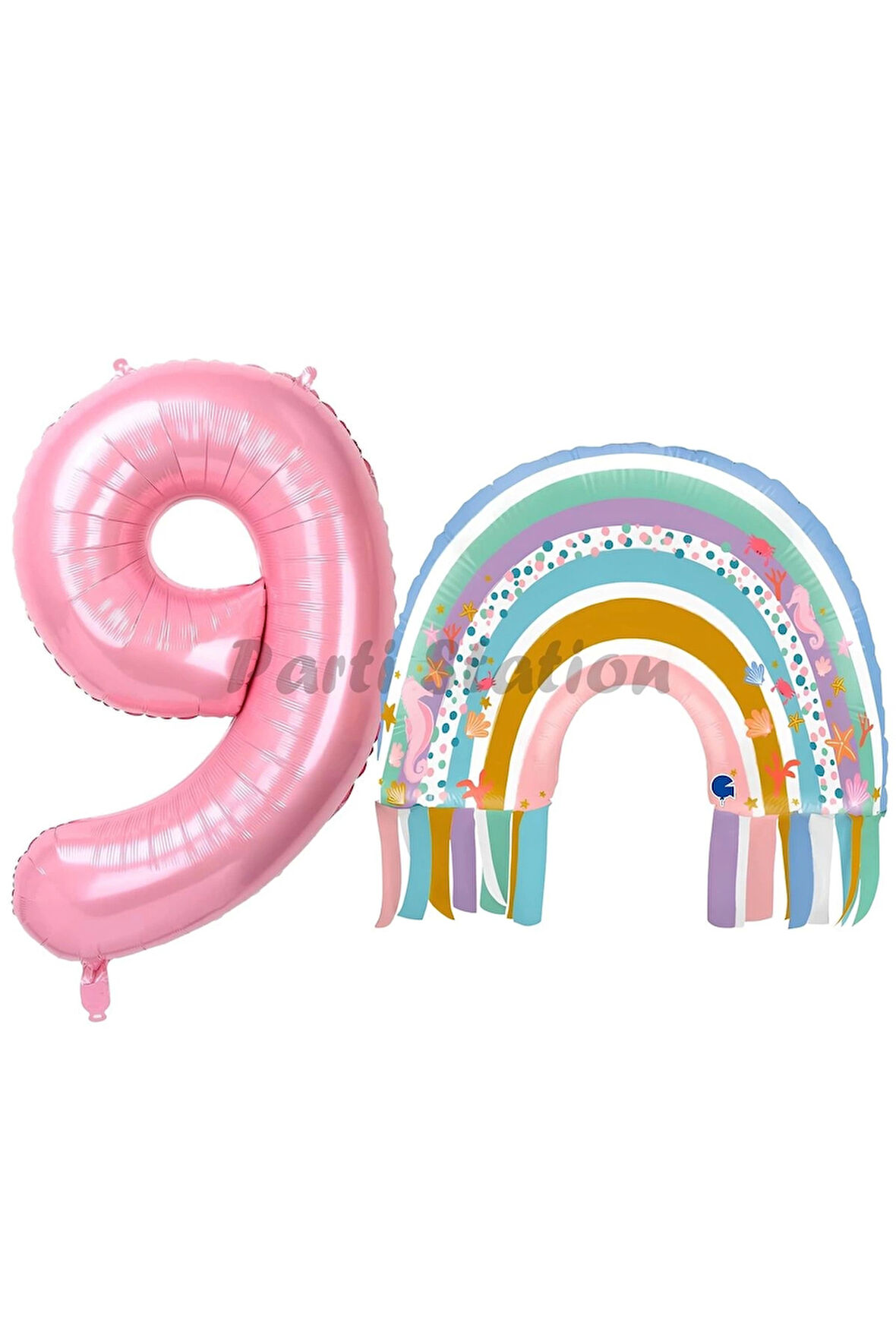 Gökkuşağı 4 Yaş Balon Set Mermaid Rainbow Konsept Balon ve Pembe Rakam Balon