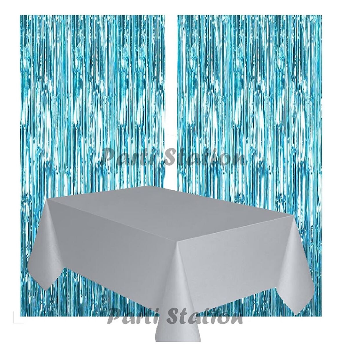 2 Adet Mavi Renk Metalize Arka Fon Perdesi ve 1 Adet Plastik Gümüş Gri Renk Masa Örtüsü Set