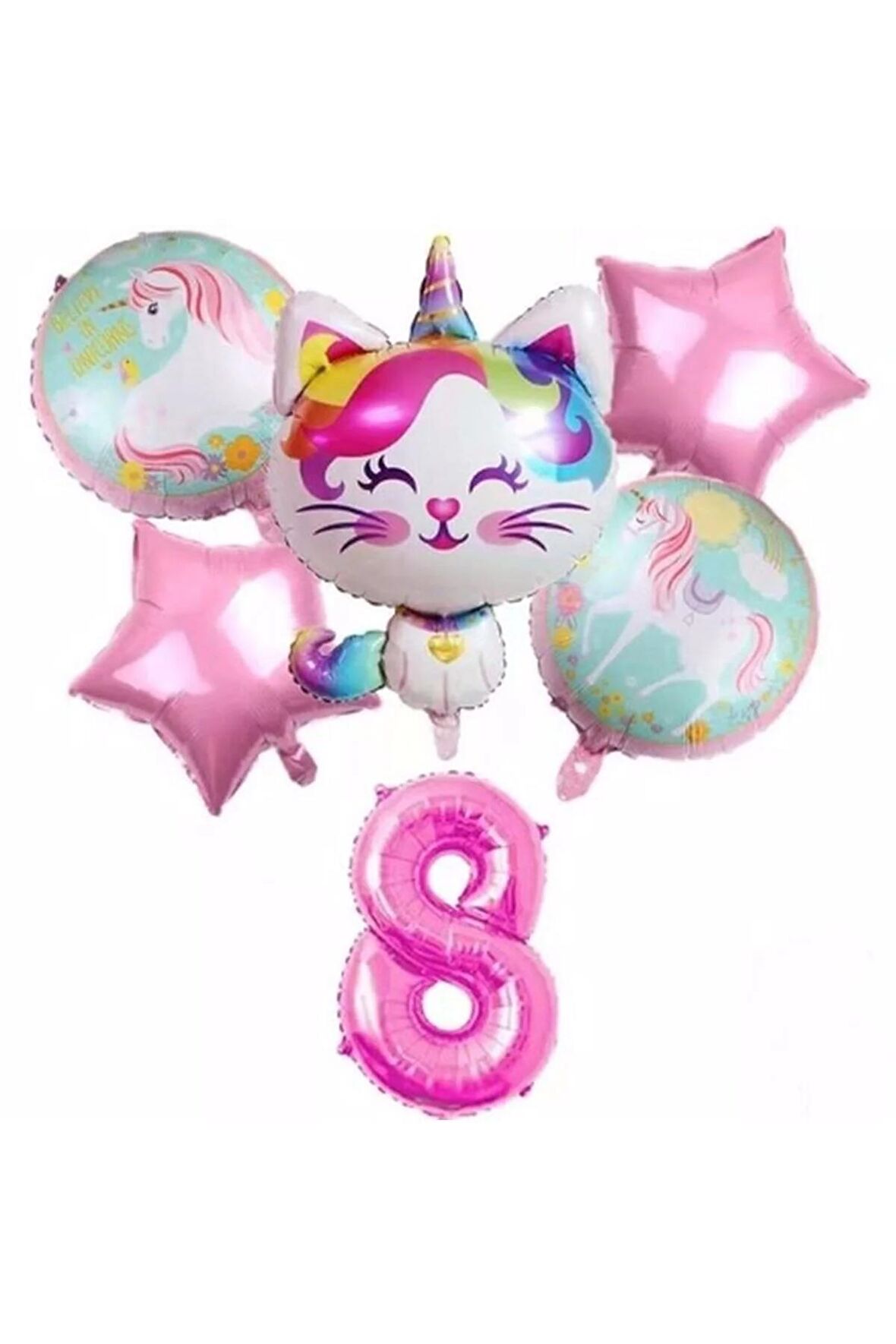 Unicorn Kedi Kitty Konsept 8 Yaş Balon Unicorn Konsept Doğum Günü Set Yaş Balon Set