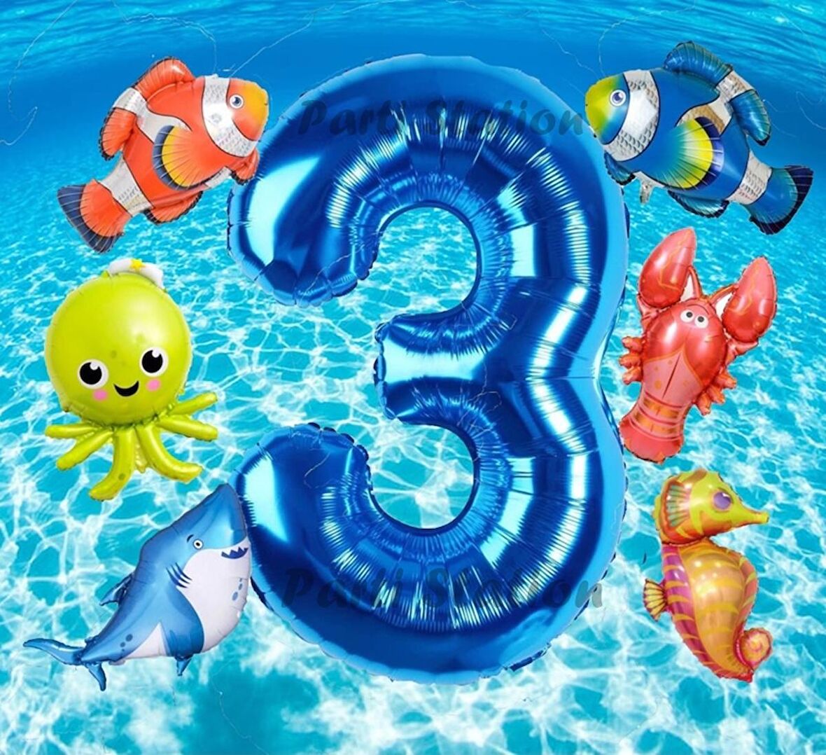 Okyanus Hayvanları 3 Yaş Doğum Günü Balon Set Deniz Canlıları Köpek Balığı Ahtapot Kırmızı Balık Set