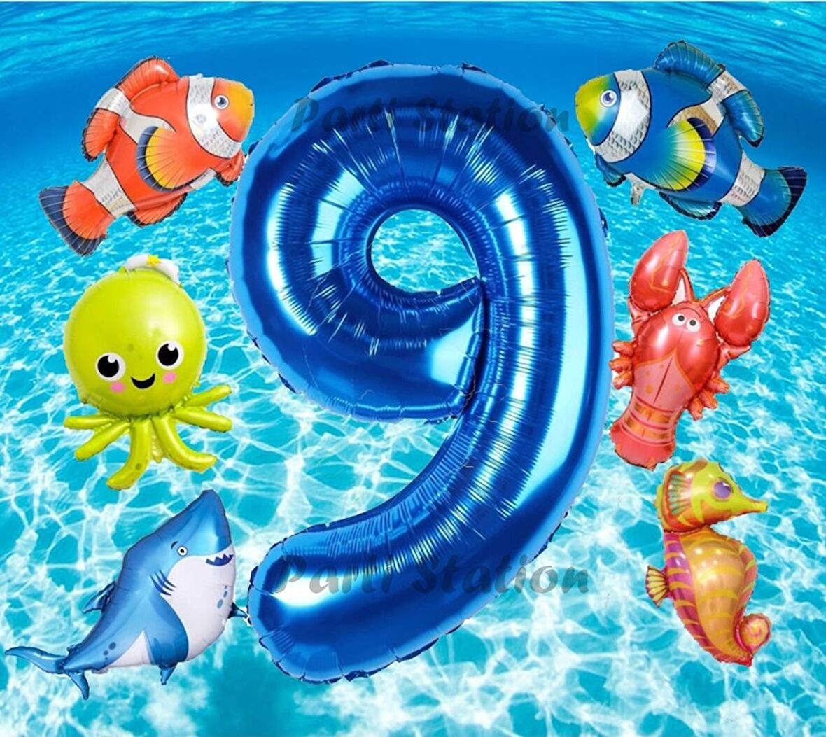 Okyanus Hayvanları 9 Yaş Doğum Günü Balon Set Deniz Canlıları Köpek Balığı Ahtapot Kırmızı Balık Set