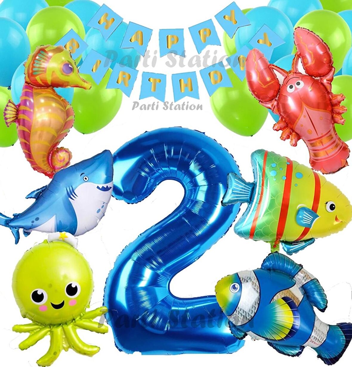 Büyük Boy Balonlu Okyanus Hayvanları 2 Yaş Doğum Günü Balon Set Deniz Canlıları Balon Set