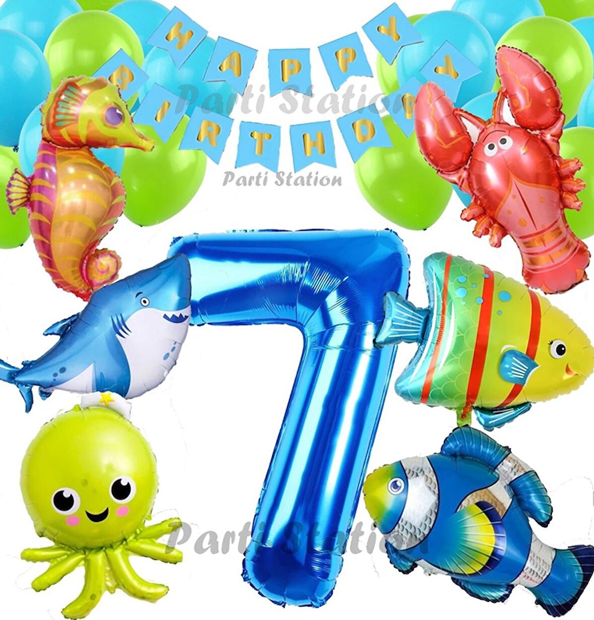 Büyük Boy Balonlu Okyanus Hayvanları 7 Yaş Doğum Günü Balon Set Deniz Canlıları Balon Set