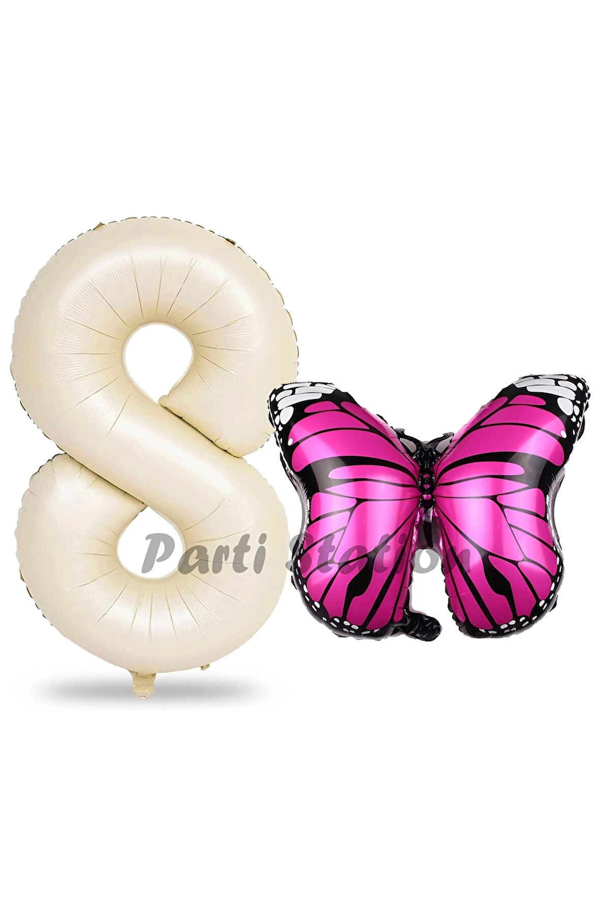 Pembe Kelebek Balon 7 Yaş Balon Set Kelebek Konsept Balon ve Krem Renk Rakam Balon
