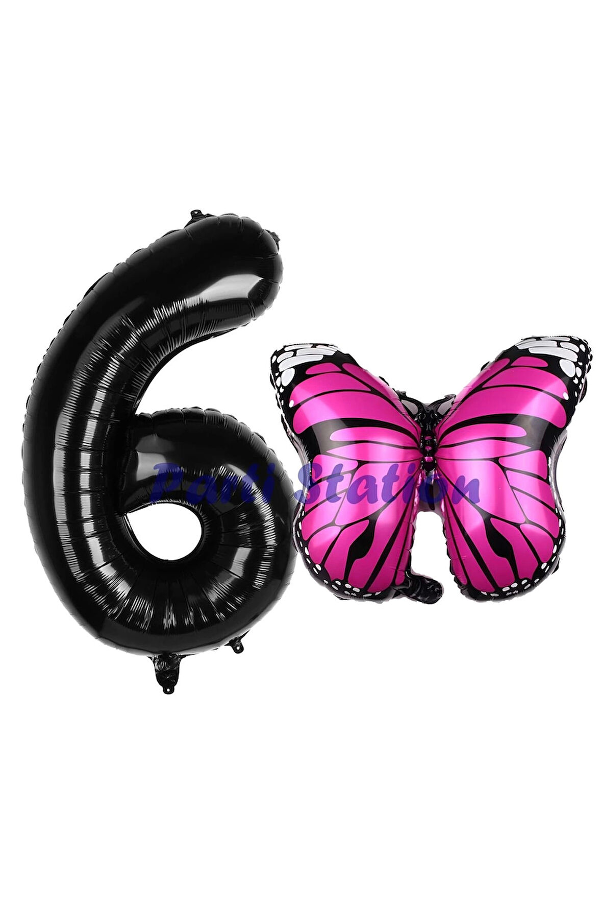 Pembe Kelebek Balon 6 Yaş Balon Set Kelebek Konsept Balon ve Siyah Renk Rakam Balon