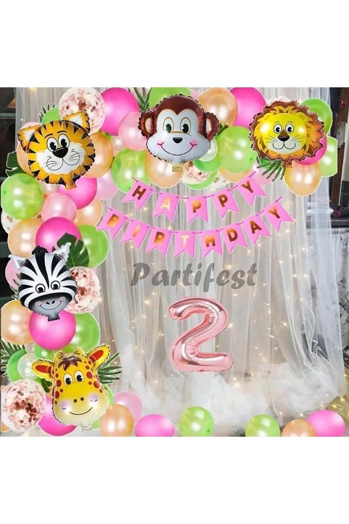Kız Çocuk Safari Hayvanlar 2 Yaş Balon Set Pembe Safari Helyum Balon Set Safari Doğum Günü Set