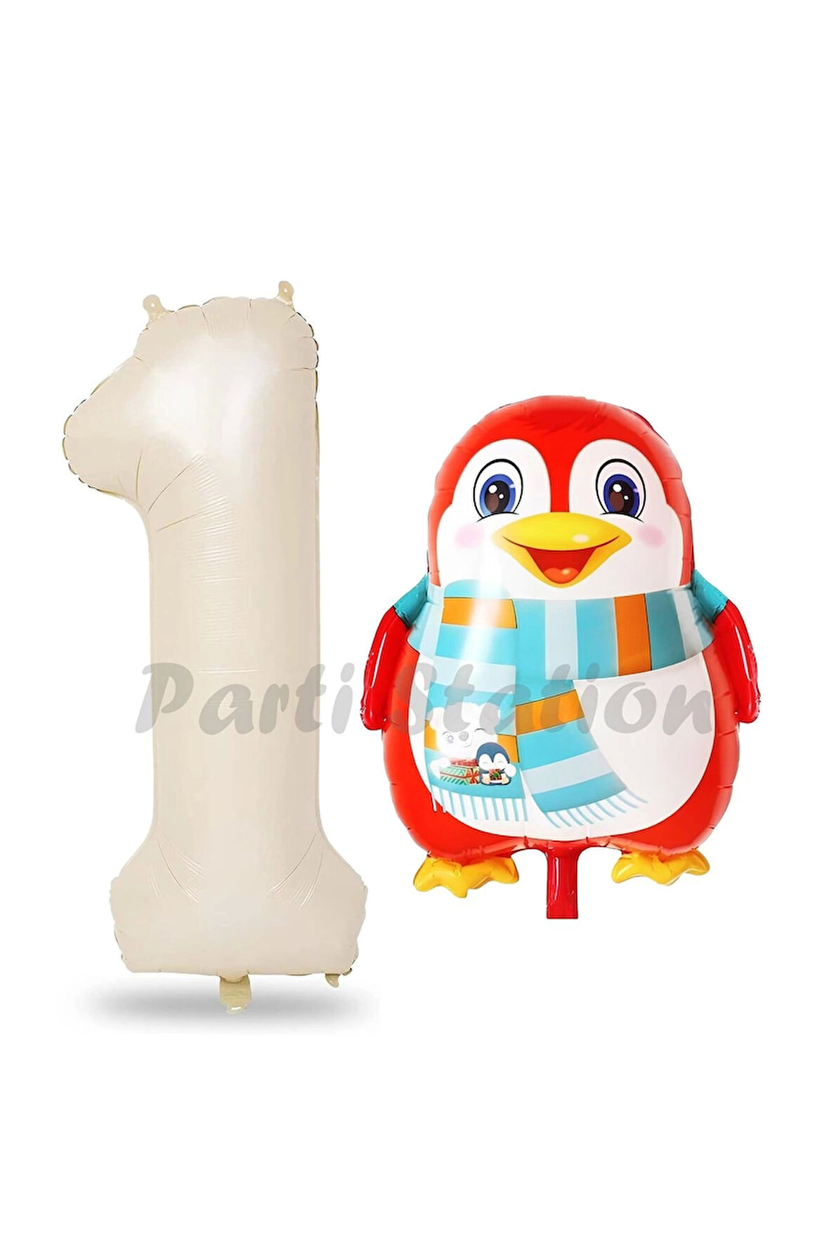 Sevimli Penguen Balon 1 Yaş Doğum Günü Balon Set Penguen Konsept ve Krem Renk Rakam Balon