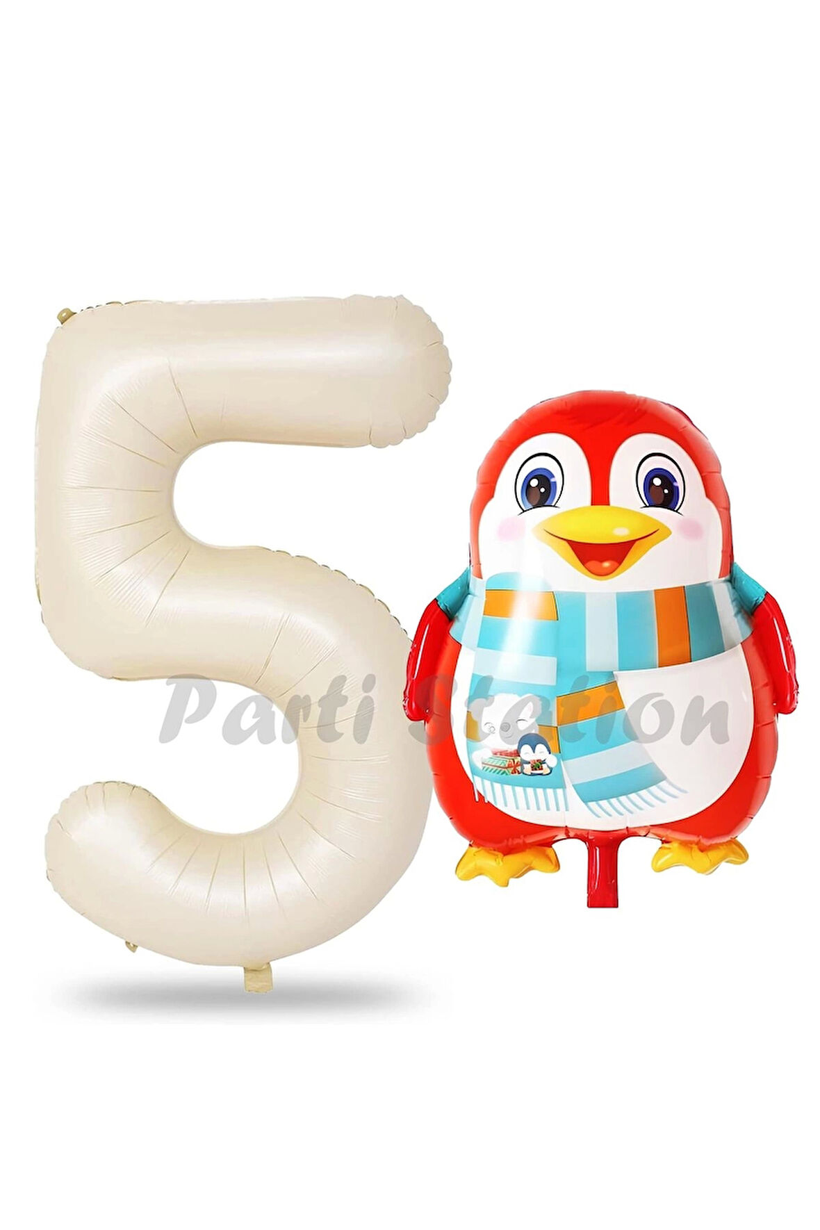 Sevimli Penguen Balon 1 Yaş Doğum Günü Balon Set Penguen Konsept ve Krem Renk Rakam Balon