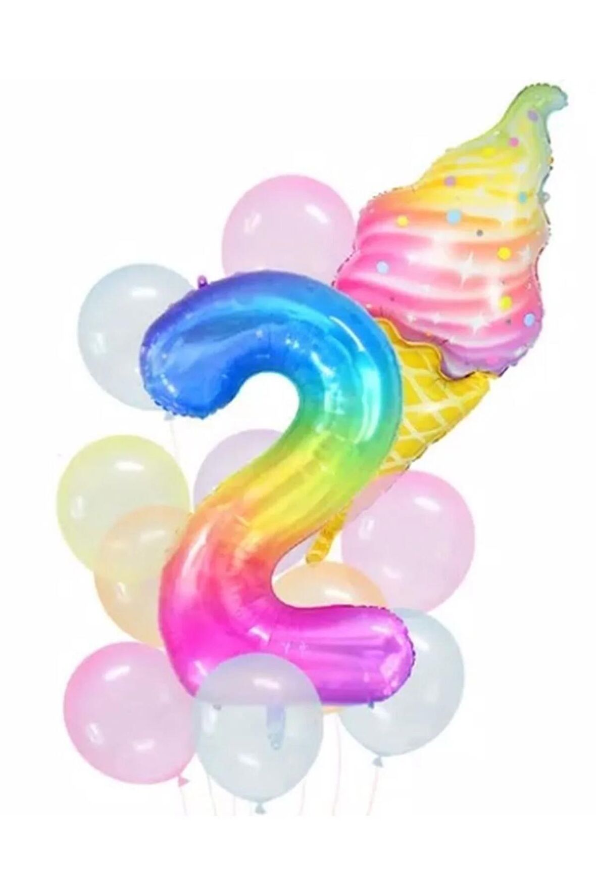 Gökkuşağı Rakam Ve Dondurma 2 Yaş Balon Set Balon Folyo Set Dondurma Konsept Doğum Günü Set
